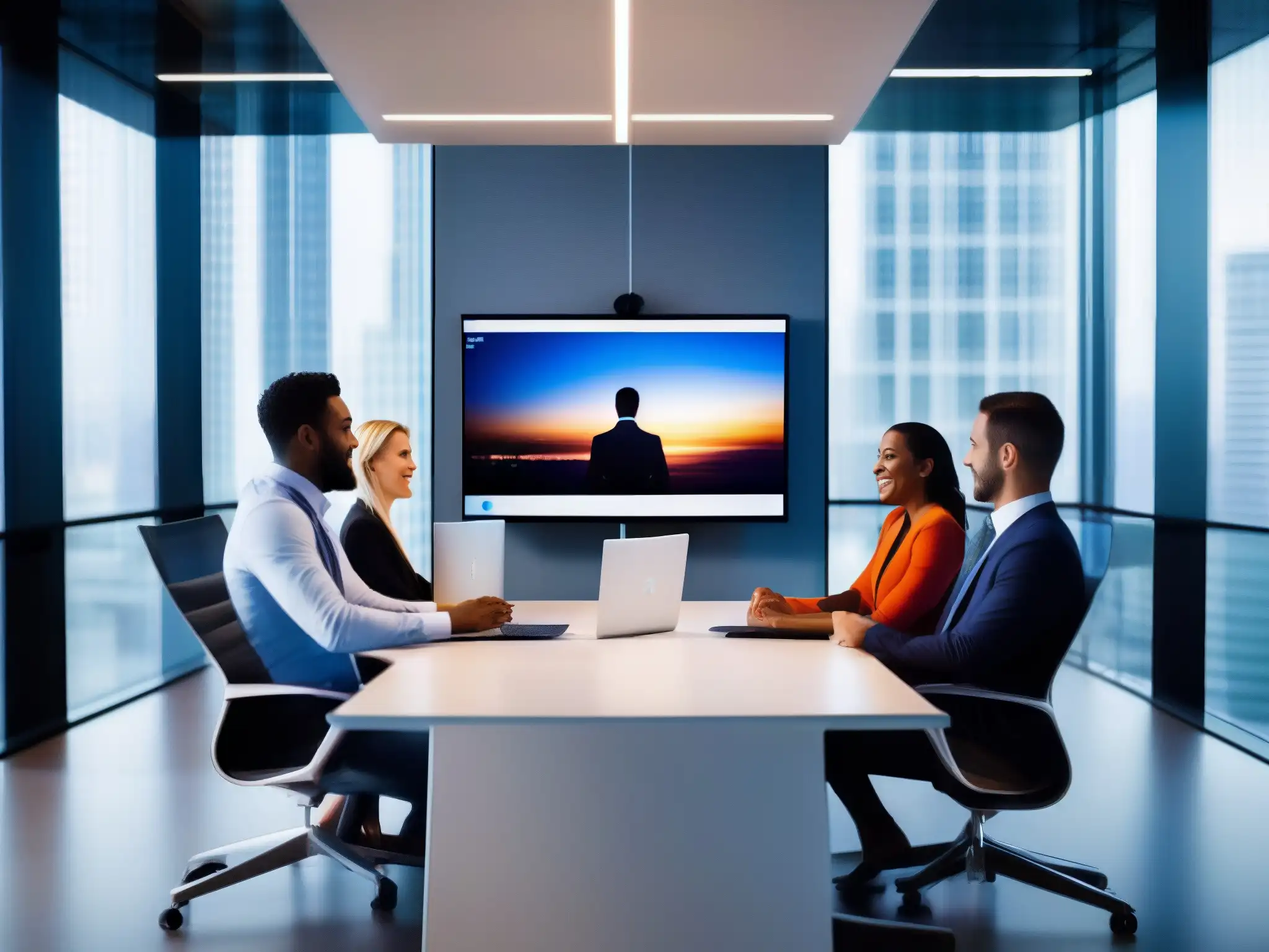 Conferencia virtual de profesionales en espacio moderno Profesionales en videoconferencia con expresiones vibrantes en un espacio moderno