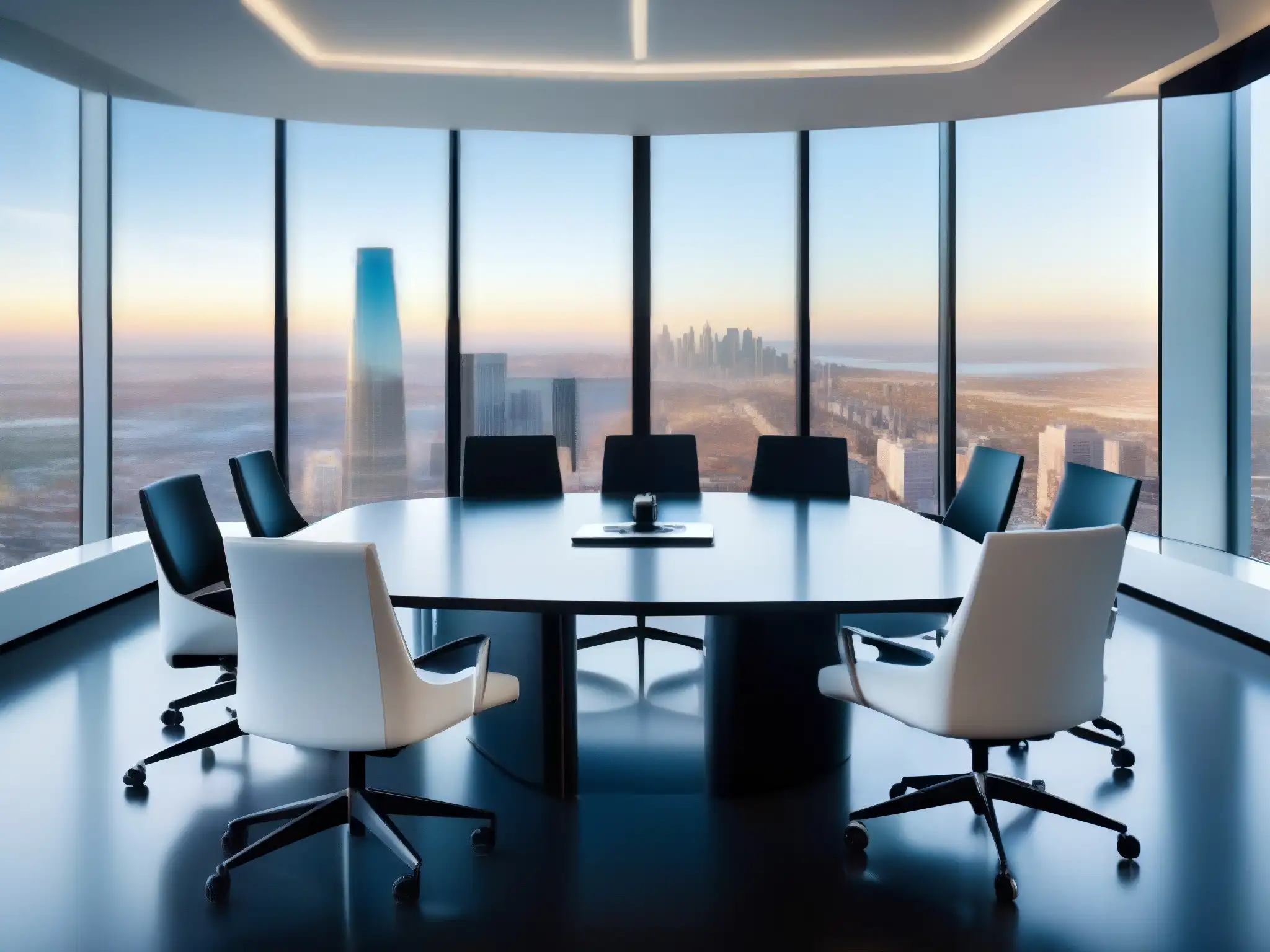 Sala de conferencias moderna con vista panorámica y videoconferencia HD Profesionales en videoconferencia financiera en moderna sala de juntas con vista a la ciudad