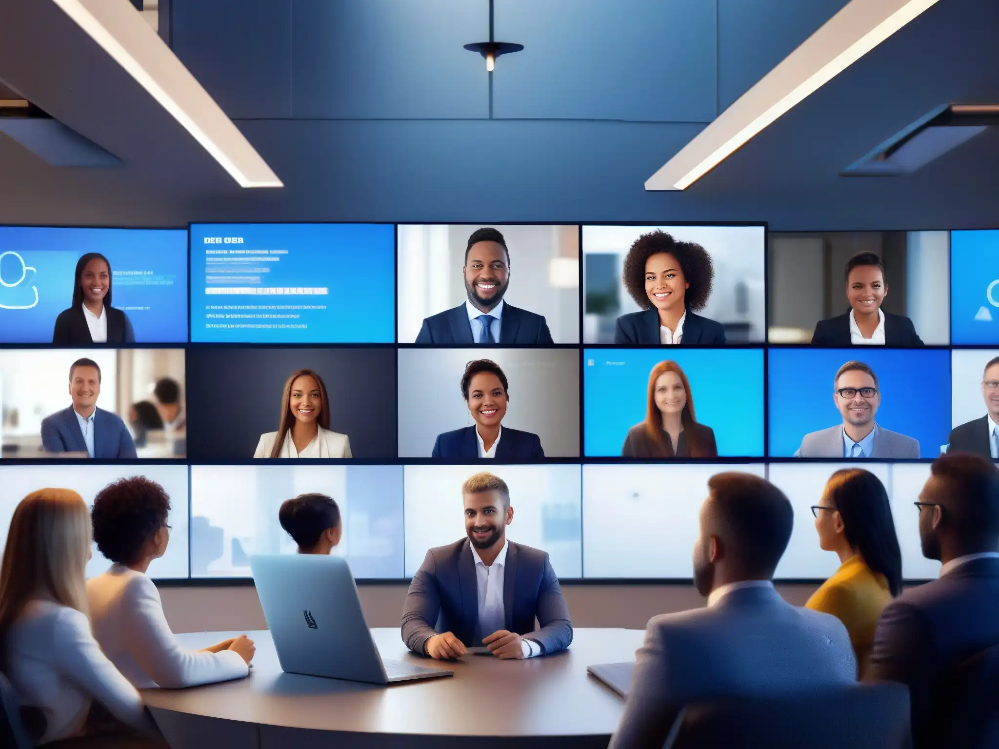Reunión virtual de profesionales: conexión y colaboración Profesionales participan en una videoconferencia con un fondo virtual moderno que destaca la integración de redes sociales