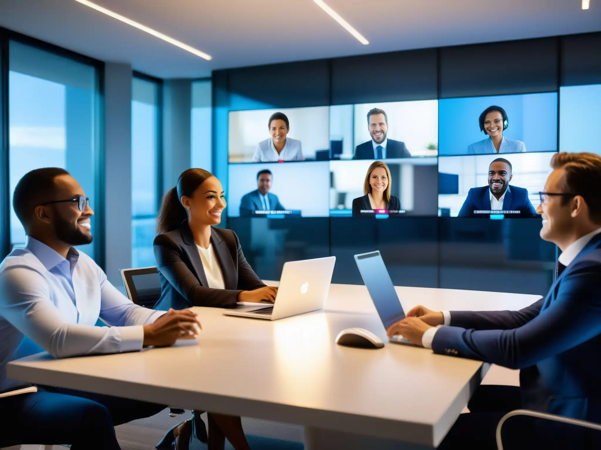 Videoconferencia profesional: productiva y moderna Profesionales en videoconferencia, discutiendo de forma productiva