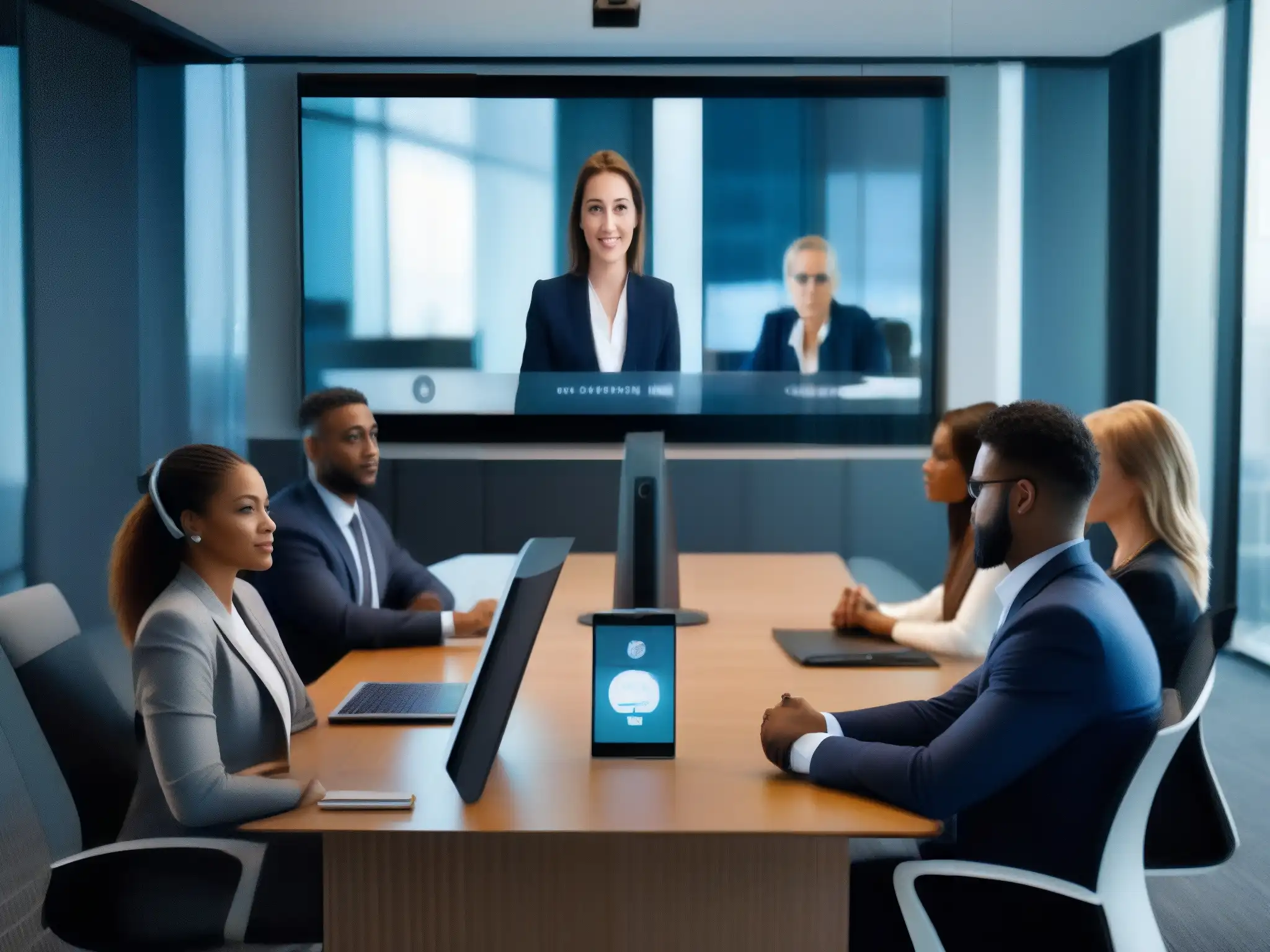Reunión virtual de profesionales en un entorno seguro Profesionales en videoconferencia discutiendo de forma seria en una sala moderna, transmitiendo responsabilidad legal en videoconferencias seguras