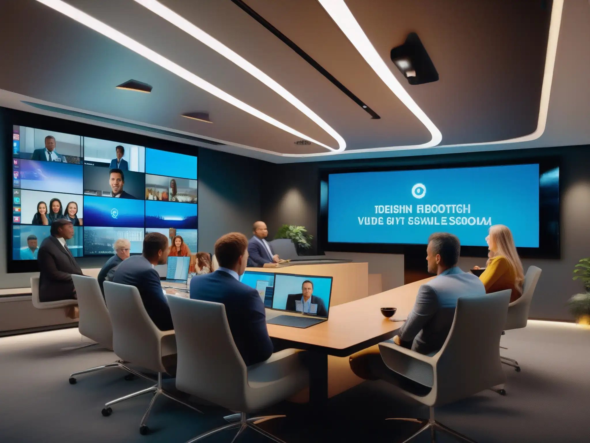 Sala de conferencias ejecutivas ultramoderna con 8x8 Video Meetings Profesionales en videoconferencia 8x8 para formación ejecutiva en aula moderna de alta tecnología