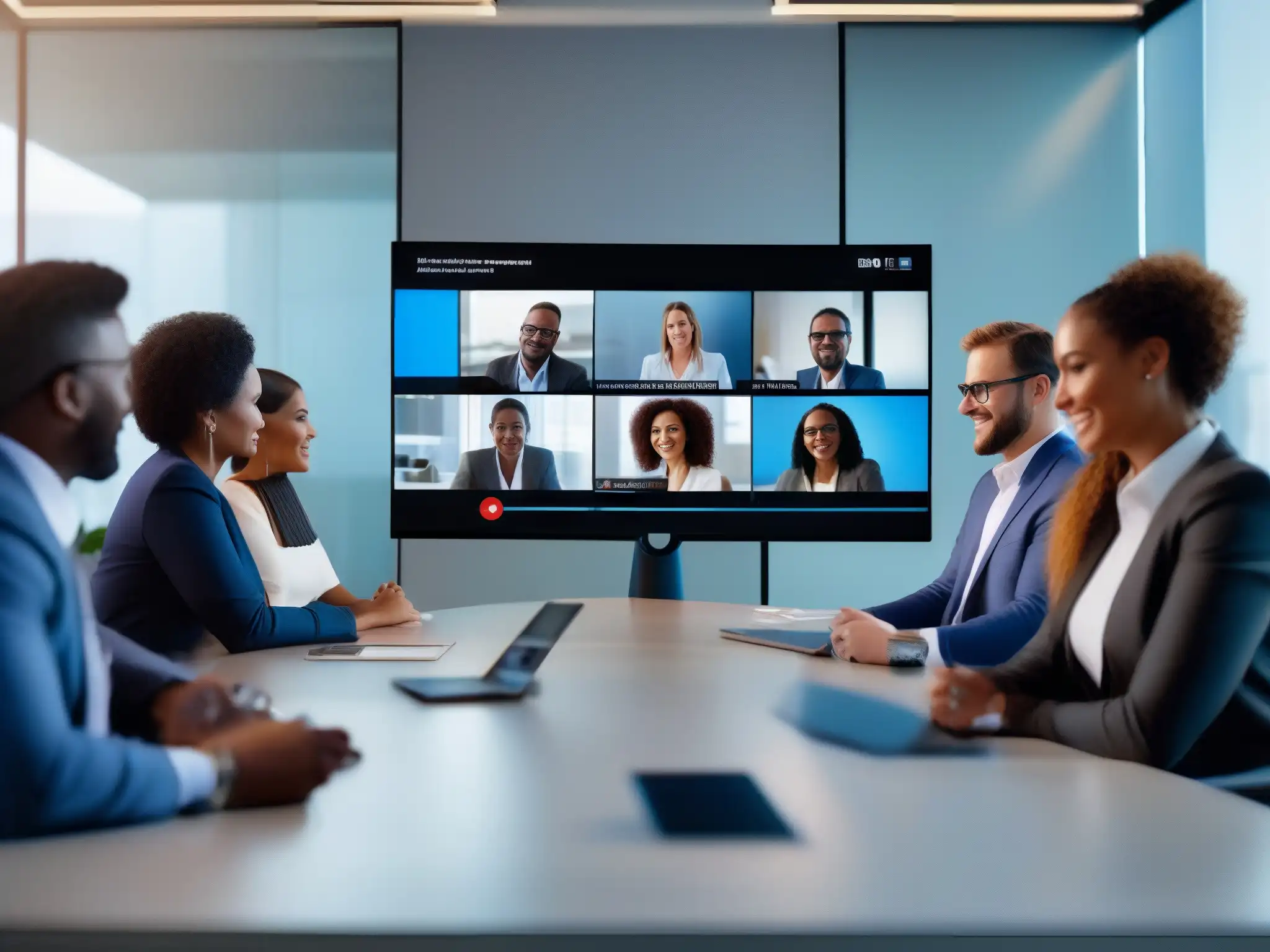 Profesionales colaborando en videoconferencia con 8x8 Video Meetings Profesionales en videoconferencia 8x8 para formación ejecutiva, colaborando con enfoque y productividad en una oficina contemporánea