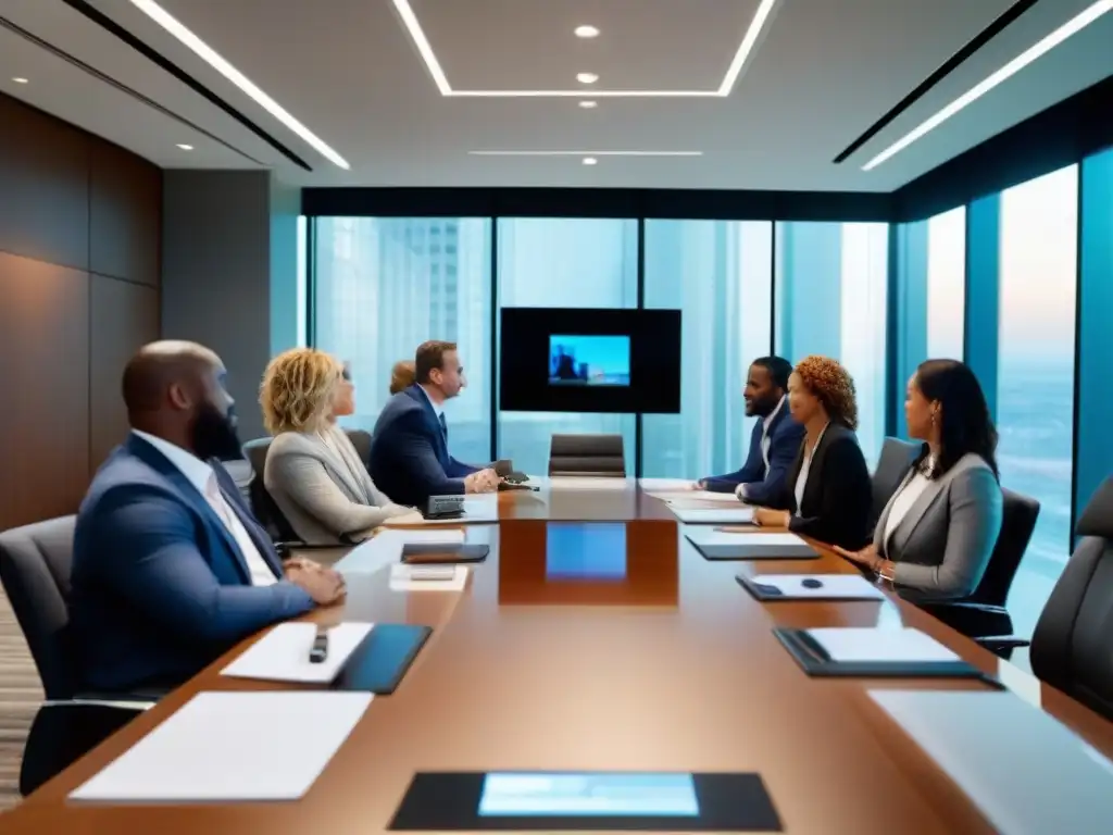 Reunión ejecutiva virtual en un moderno y luminoso salón de juntas Profesionales en videoconferencia 8x8 para formación ejecutiva en moderna sala de juntas luminosa y productiva