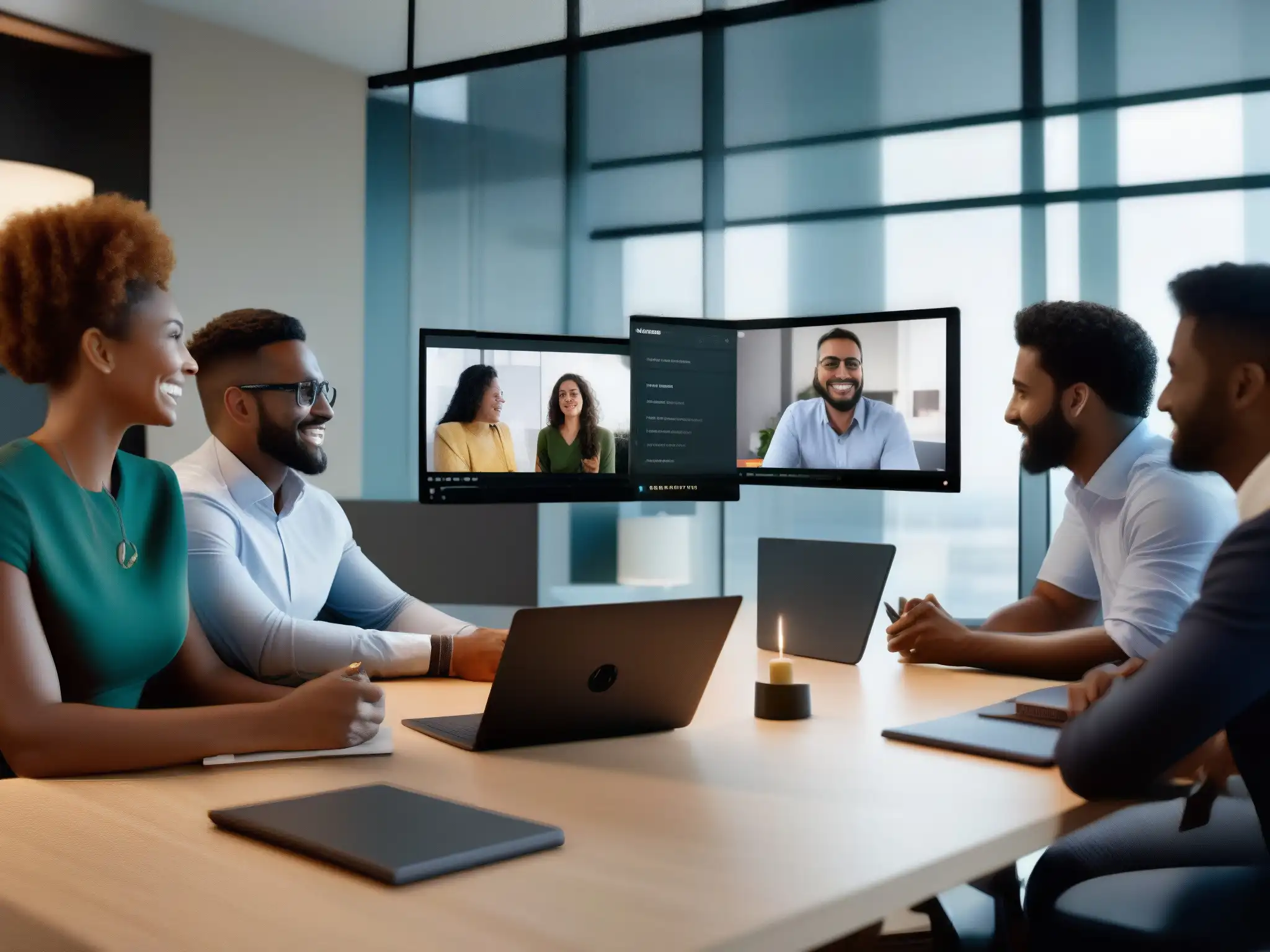 Videoconferencia profesional en oficina moderna con Amazon Chime Profesionales en videoconferencia con Amazon Chime, destacando funciones avanzadas para PYMES