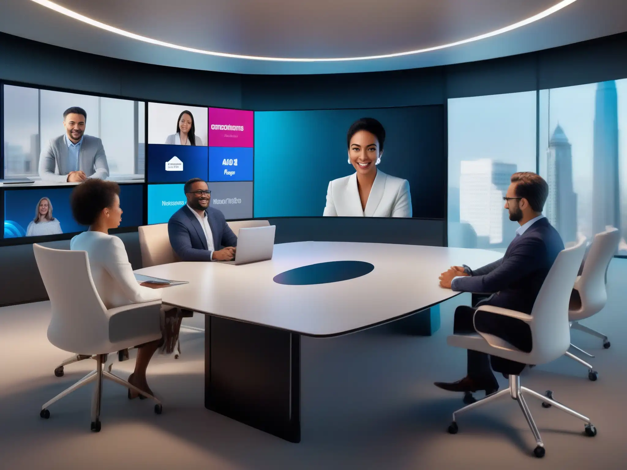 Reunión virtual 5G de alto impacto Profesionales en una videoconferencia futurista con calidad de imagen 5G de vanguardia