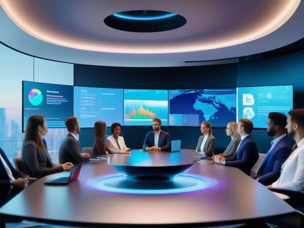 Sala de conferencias futurista con IA avanzada Profesionales participan en una videoconferencia futurista facilitada por la revolución de la IA en reuniones