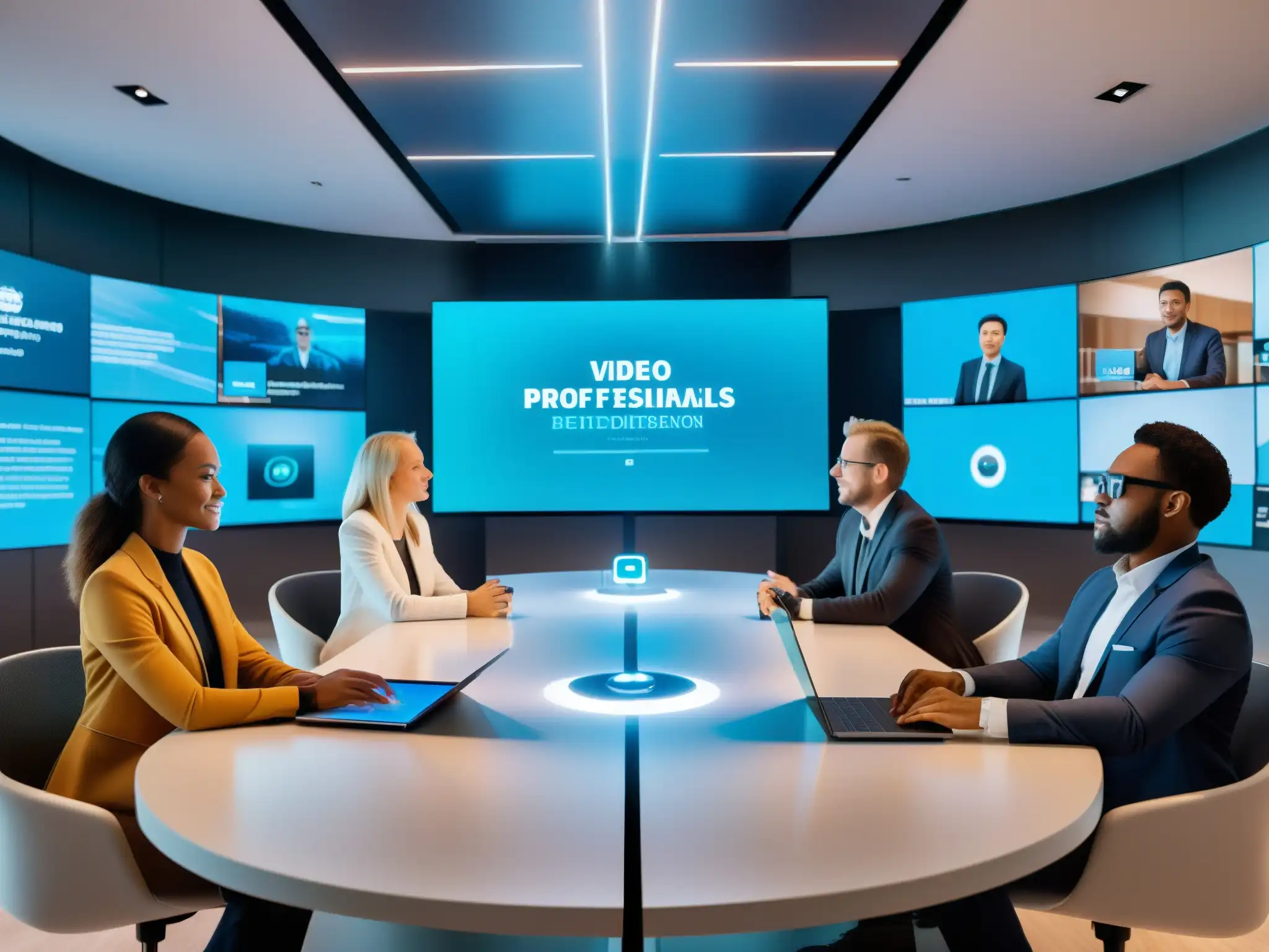 Video conferencia futurista con inteligencia artificial Profesionales participando en una videoconferencia futurista con hologramas y tecnología de IA, creando una atmósfera innovadora para startups