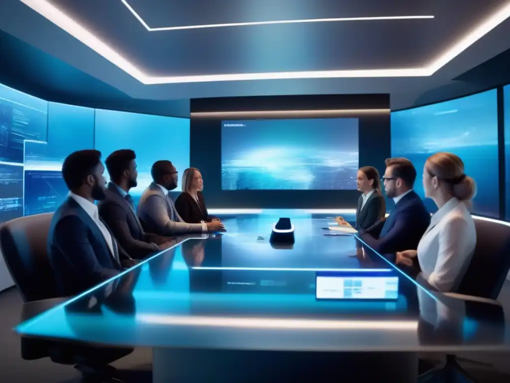 Videoconferencia futurista: profesionales innovadores en hologramas Profesionales en videoconferencia futurista, con hologramas y tecnología punta