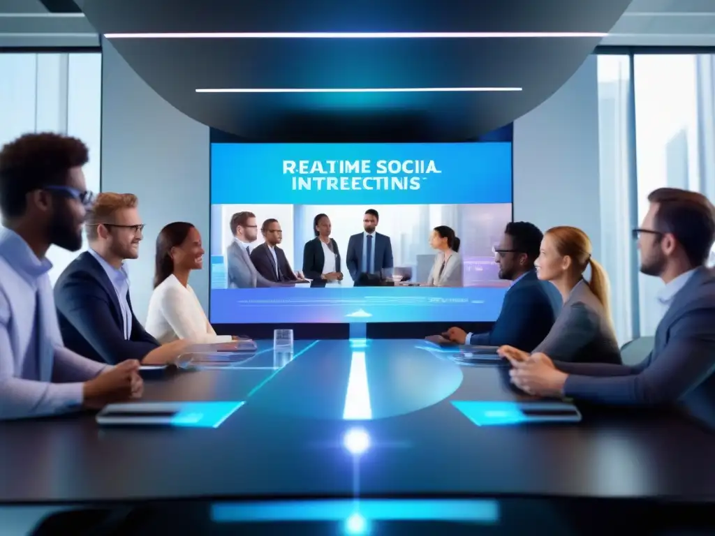 Reunión virtual con holograma de redes sociales Profesionales en videoconferencia futurista, integración de redes sociales y video
