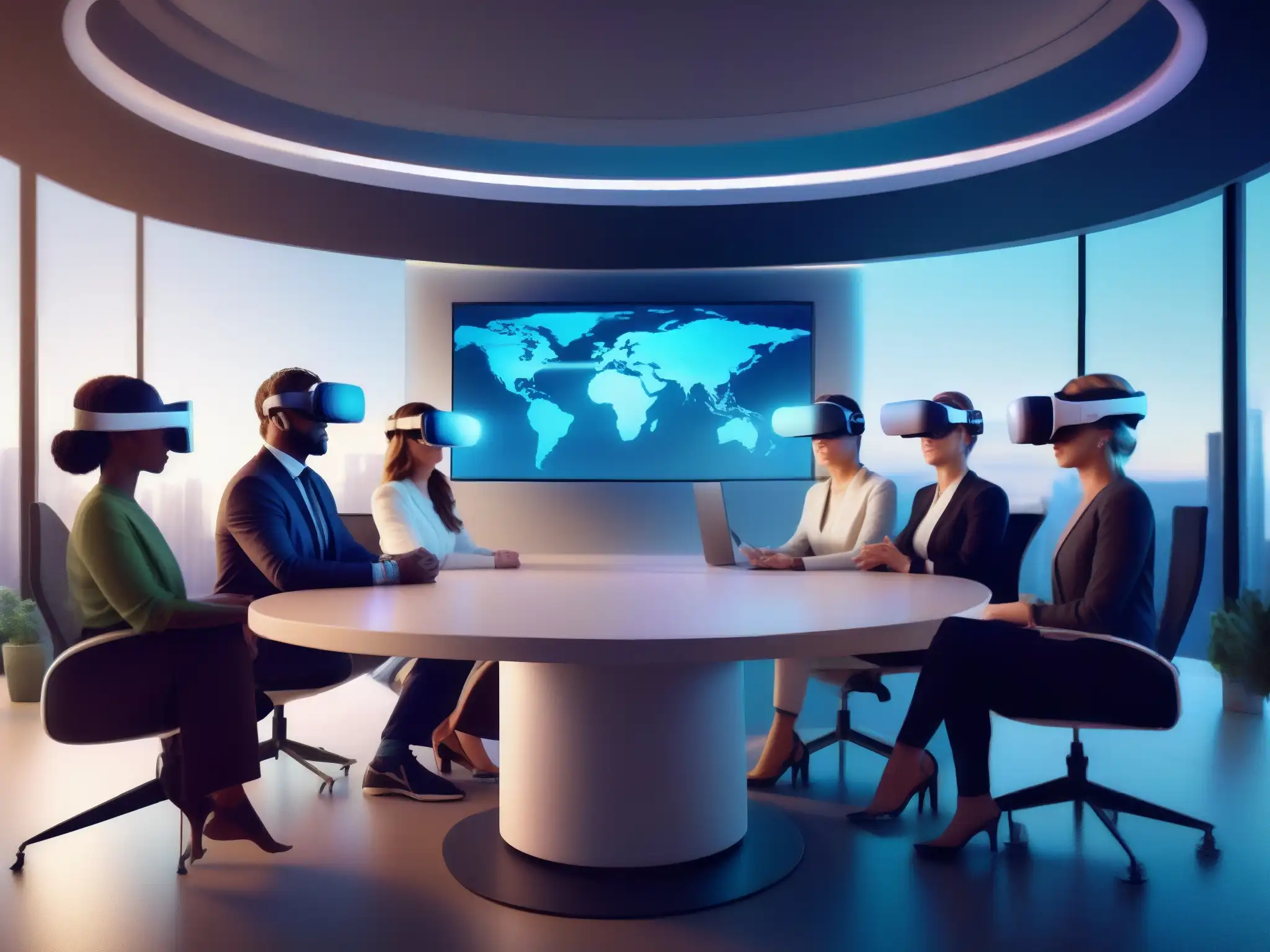 Conferencia virtual en oficina futurista Profesionales usando VR en una videoconferencia futurista, mostrando la Integración de Realidad Virtual en Videoconferencias