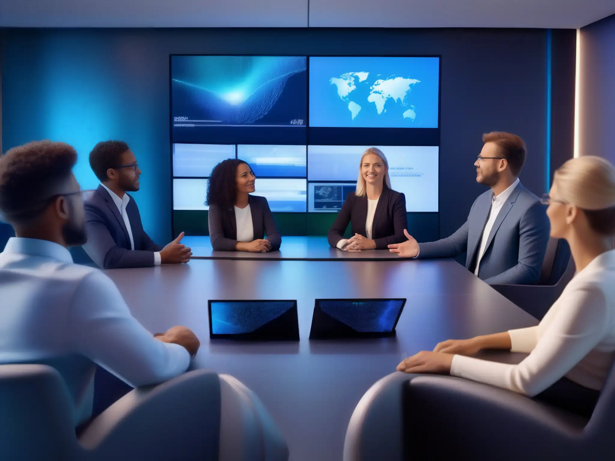 Conferencia virtual 5G: Profesionales en acción Profesionales en videoconferencia 5G, interactuando con datos en pantallas 8K, mostrando el efecto del 5G en videoconferencias