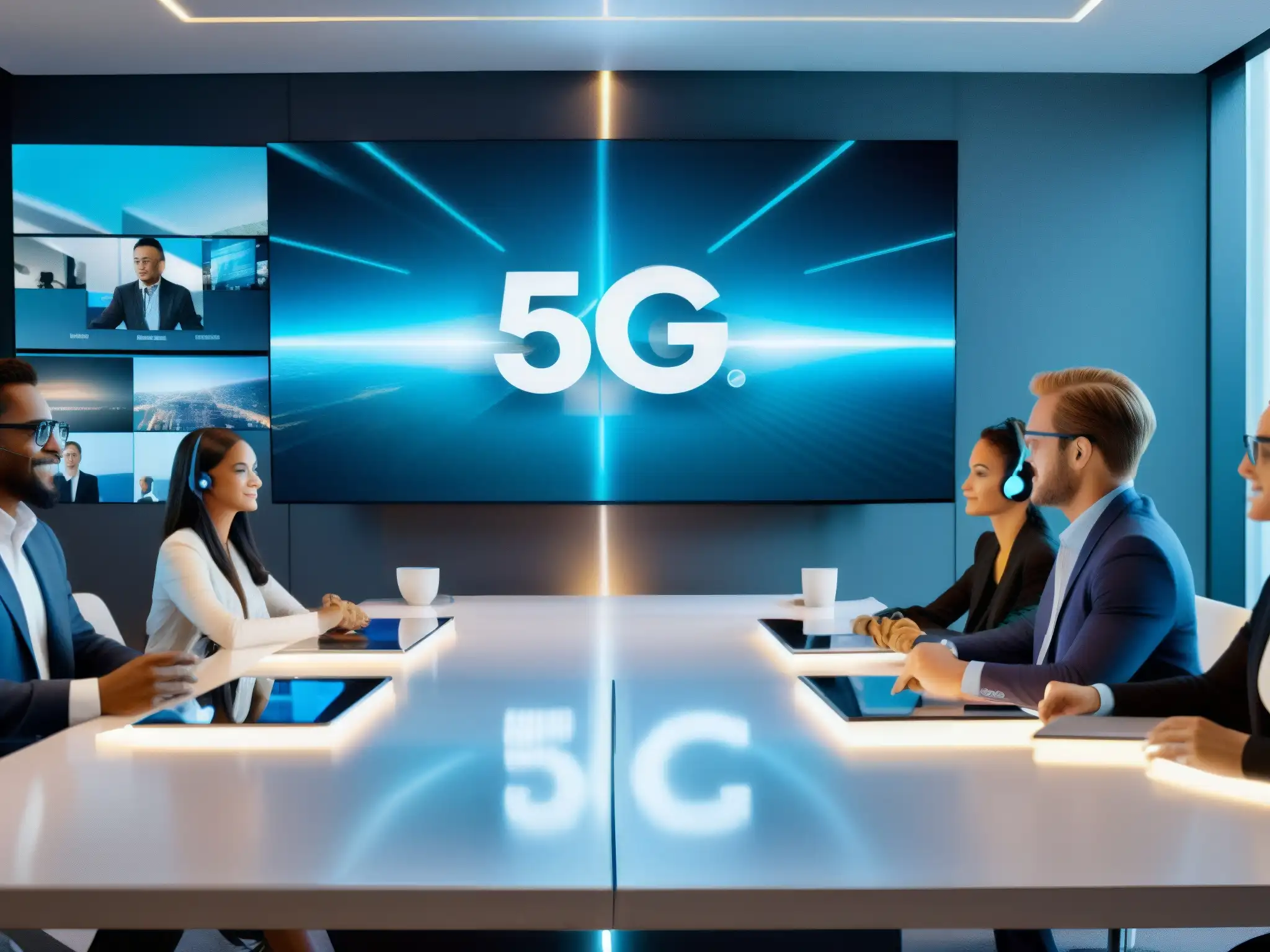 Videoconferencia 5G con hologramas futuristas Profesionales en videoconferencia 5G, colaborando con hologramas en un entorno de oficina futurista, demostrando el efecto del 5G en videoconferencias