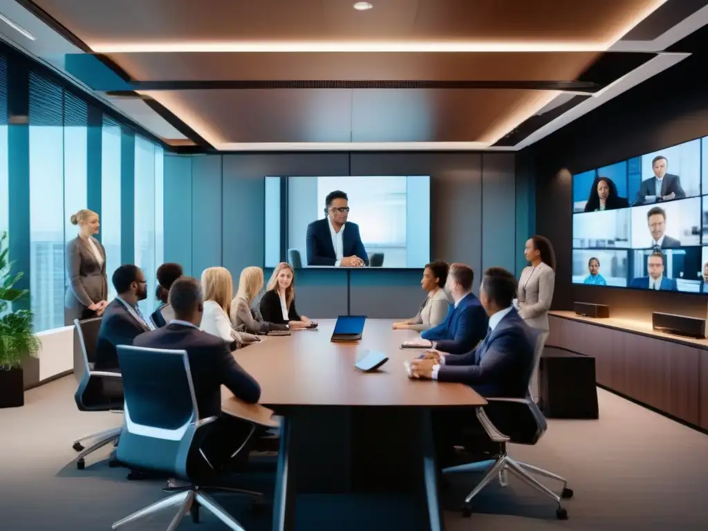 Reunión profesional en oficina moderna Profesionales en videoconferencia cumpliendo GDPR en ambiente moderno de mejores prácticas
