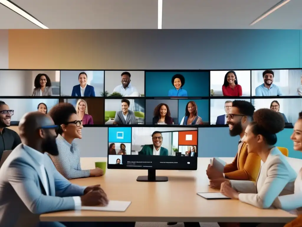 Videoconferencia multicultural con Microsoft Teams Profesionales diversos participan en una videoconferencia global, mostrando adaptación cultural