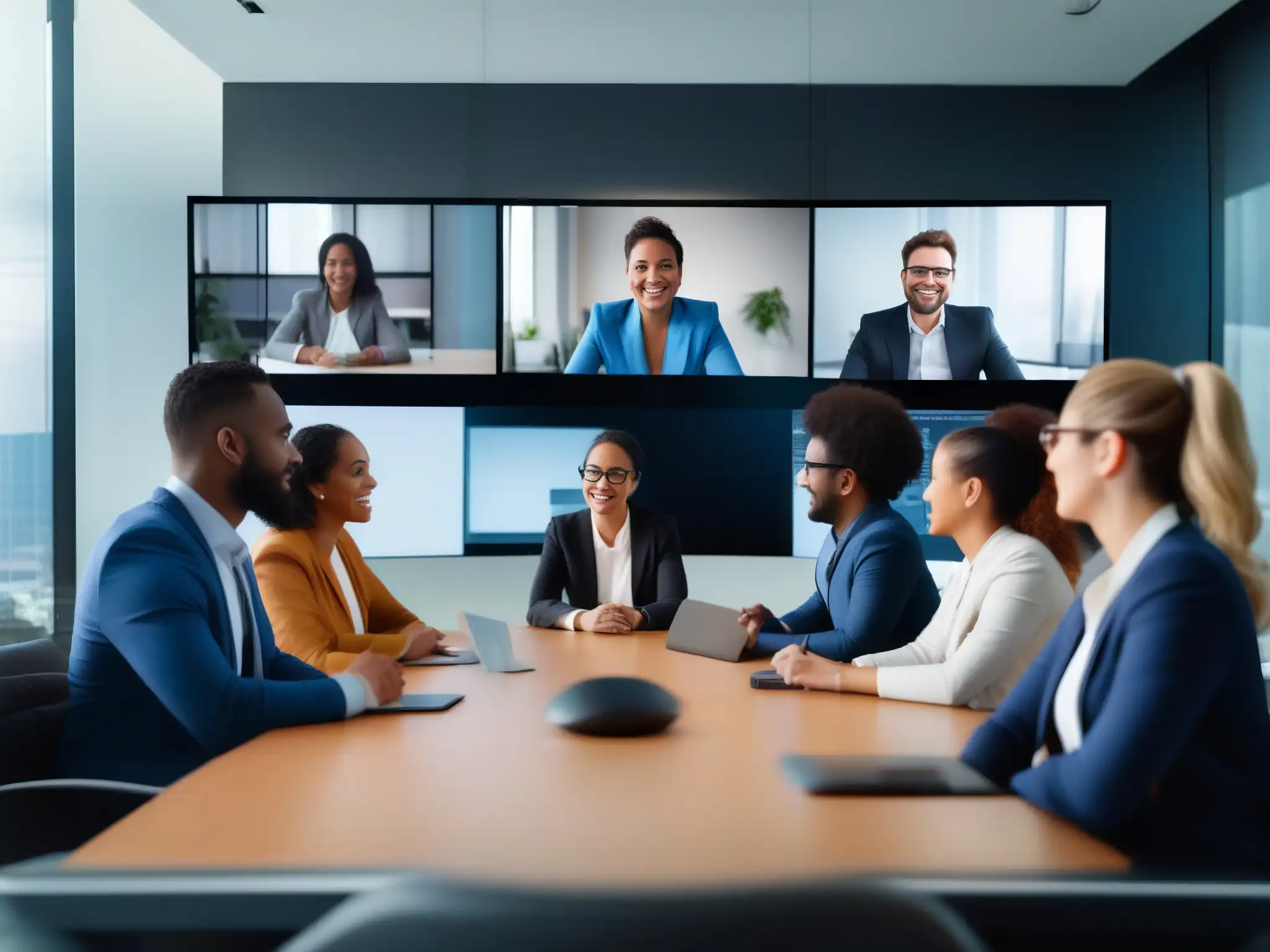 Profesionales globales impulsan la conectividad con inteligencia artificial Profesionales en videoconferencia global, enfocados en mejorar conectividad con IA