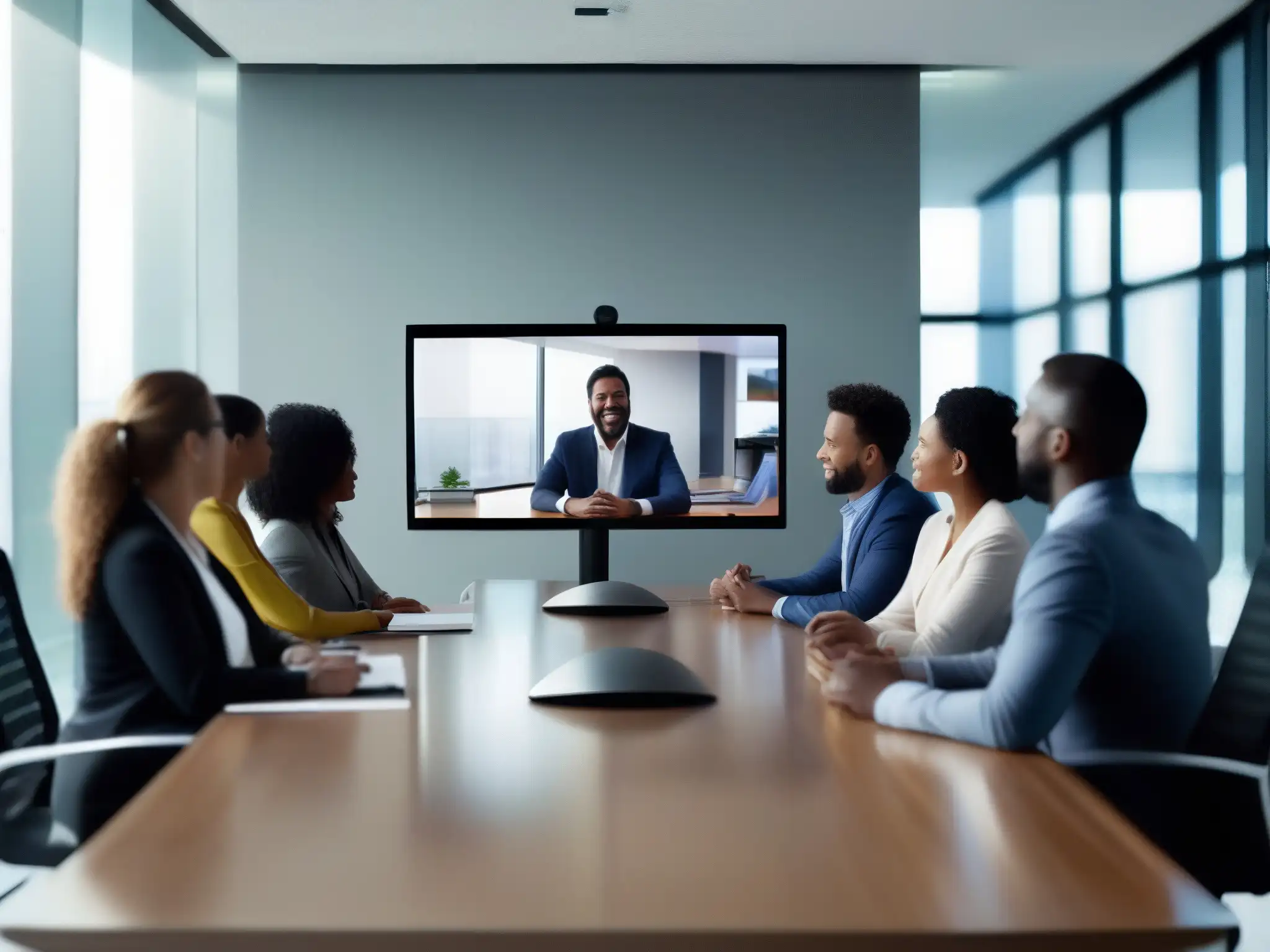 Reunión virtual global en oficina moderna Profesionales colaborando en una videoconferencia global en una oficina moderna