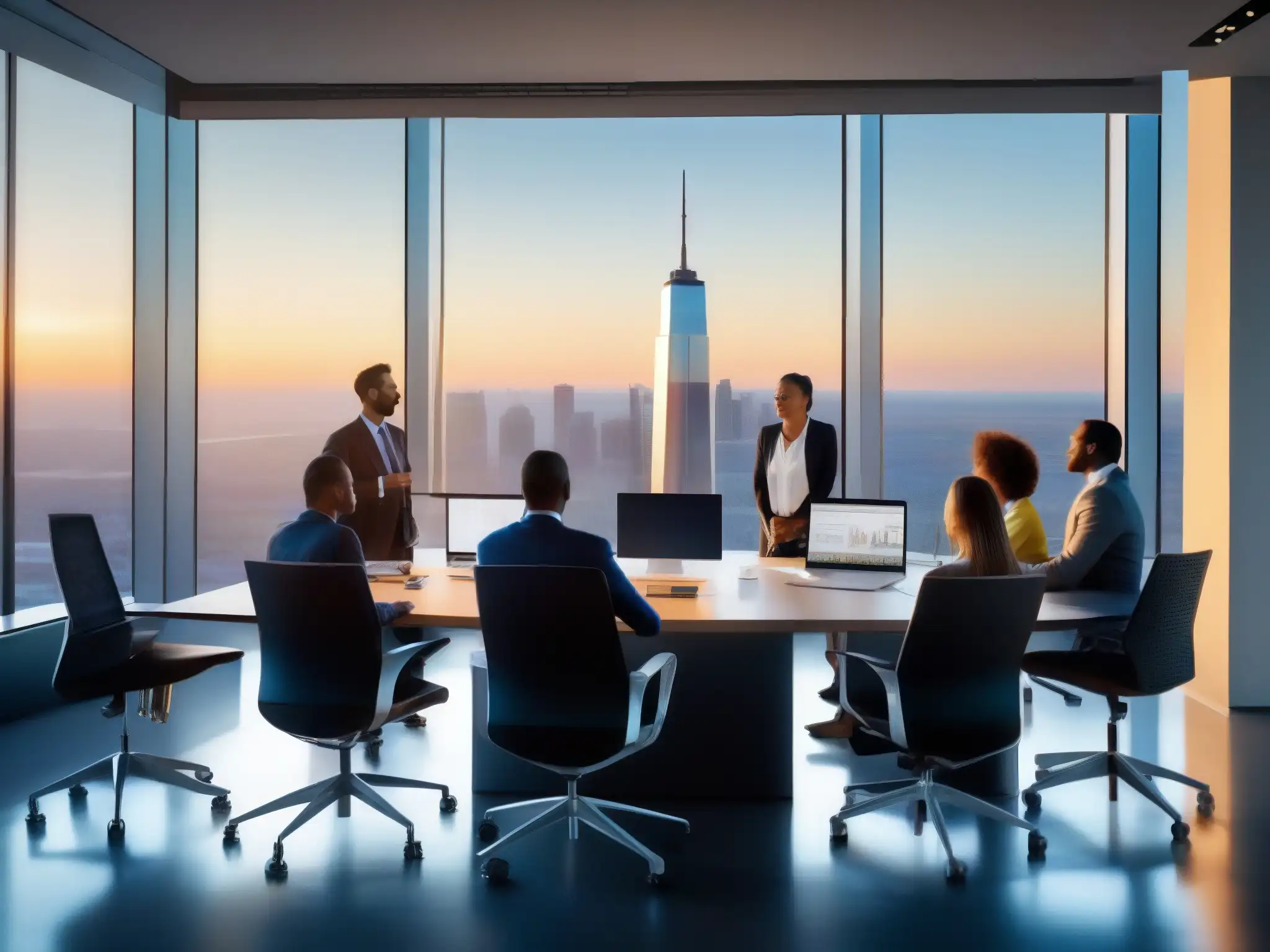 Reunión virtual de profesionales en oficina moderna Profesionales en videoconferencia usando GoToMeeting para análisis de negocios en una oficina moderna con vista a la ciudad