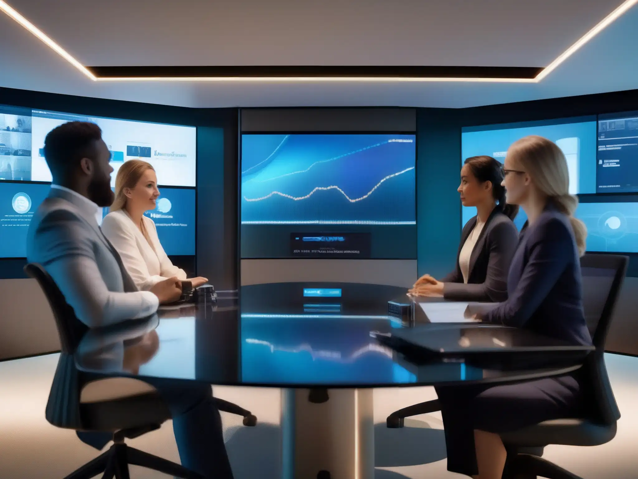 Videoconferencia 5G de alta tecnología Profesionales en videoconferencia 5G, con gráficos detallados y avatares realistas, en una sala futurista