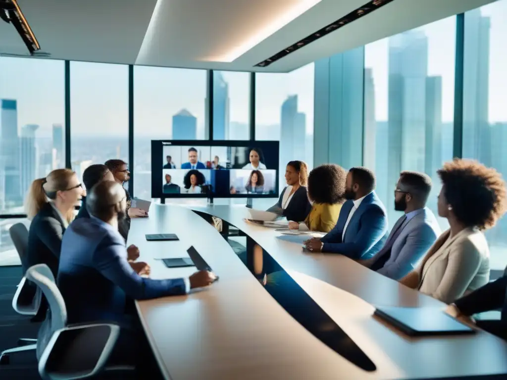 Conferencia global: profesionales innovadores en acción Profesionales colaborando en videoconferencia, mostrando gráficos sobre nuevos jugadores en el mercado de videoconferencias