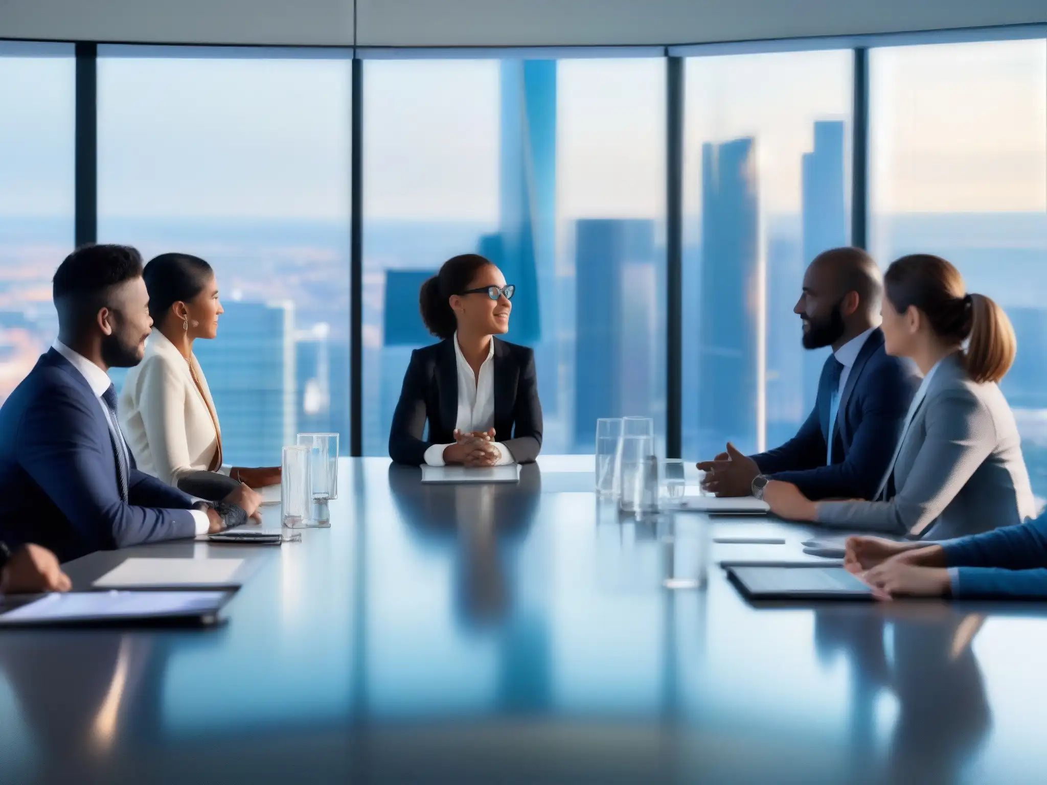 Reunión virtual de profesionales en sala moderna Profesionales en videoconferencia, con gráficos en pantallas, en moderna sala de reuniones con vista a la ciudad