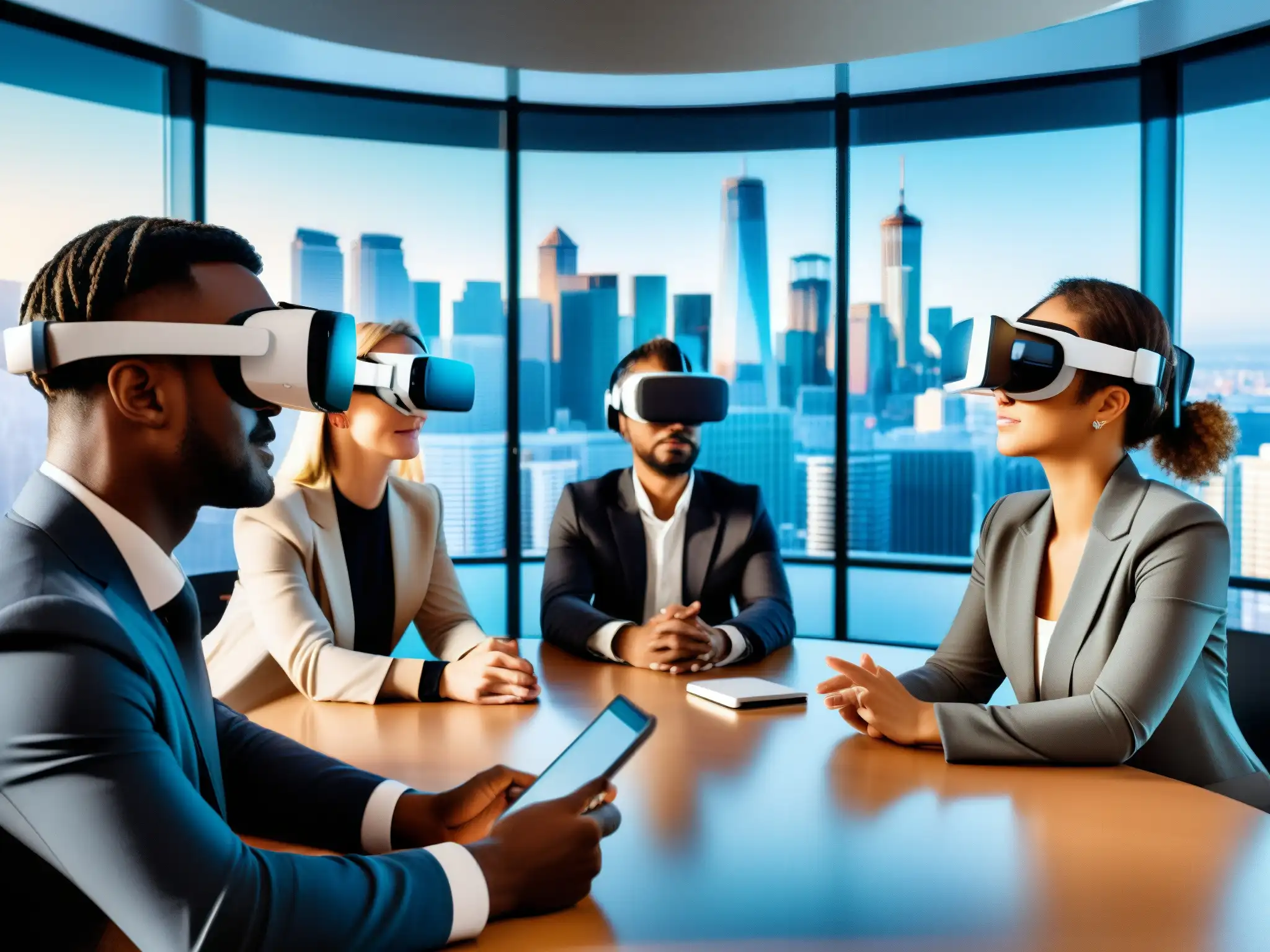 Profesionales en videoconferencia con realidad virtual y gráficos flotantes Profesionales en videoconferencia con VR, interactuando con gráficos virtuales