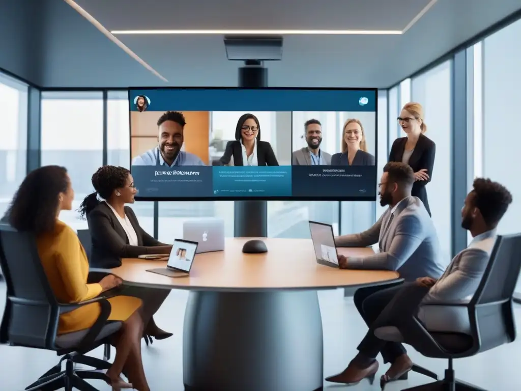 Profesionales diversos colaboran en videoconferencia Profesionales colaborando en una videoconferencia gratuita usando tecnología moderna para comunicación efectiva