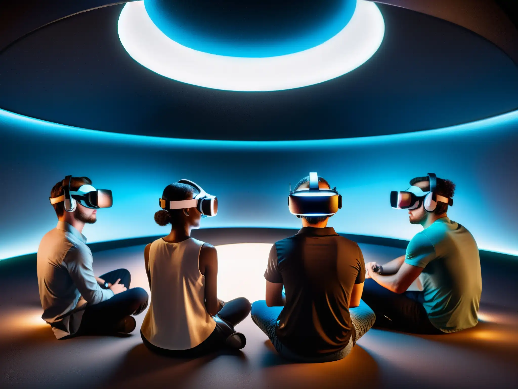 Profesionales en sesión de mediación virtual en entornos futuristas Profesionales en videoconferencia VR en dinámica de grupo interactúan en escenarios virtuales de resolución de conflictos