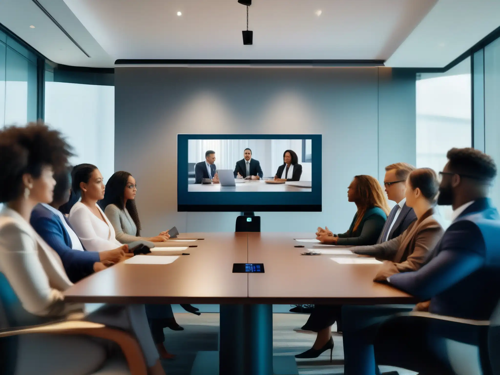 Reunión virtual sobre política de privacidad con profesionales diversos Profesionales en videoconferencia discutiendo guía cumplimiento normativas privacidad videoconferencias