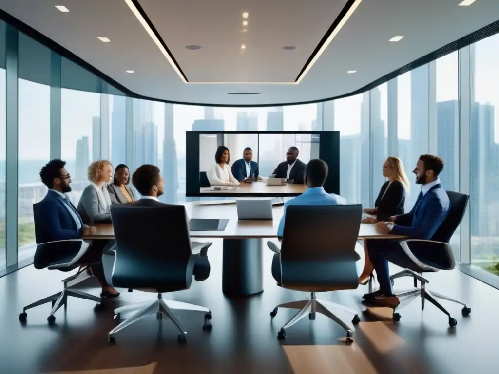 Videoconferencia de alta definición en sala moderna Profesionales en una videoconferencia HD en una sala moderna con ventanas de piso a techo