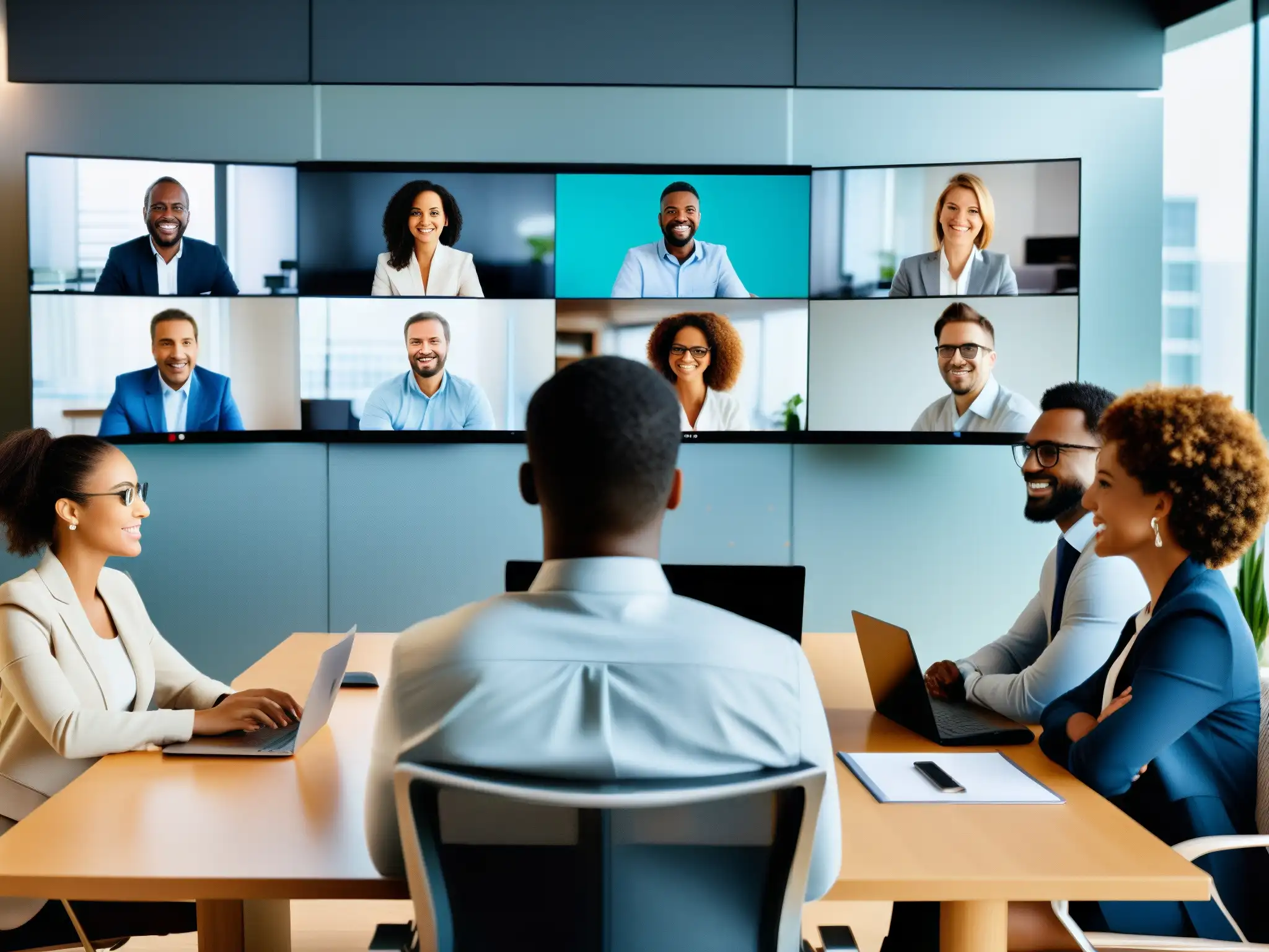 Videoconferencia de equipo profesional: productividad y colaboración Profesionales en videoconferencia, con herramientas avanzadas para trabajo colaborativo