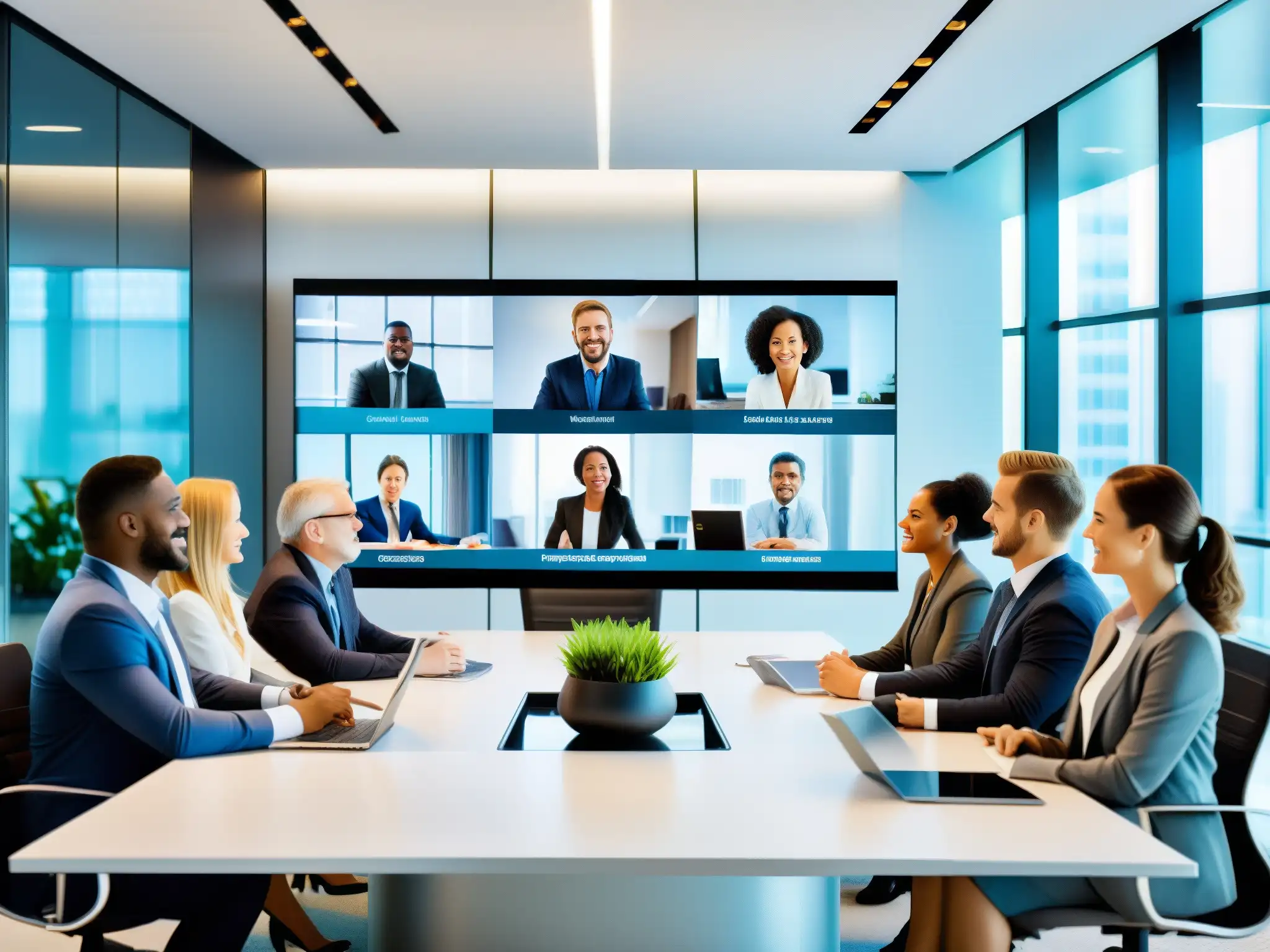 Videoconferencia profesional en espacio moderno Profesionales en videoconferencia con herramientas de sincronización y calidad óptima, en un ambiente moderno y colaborativo