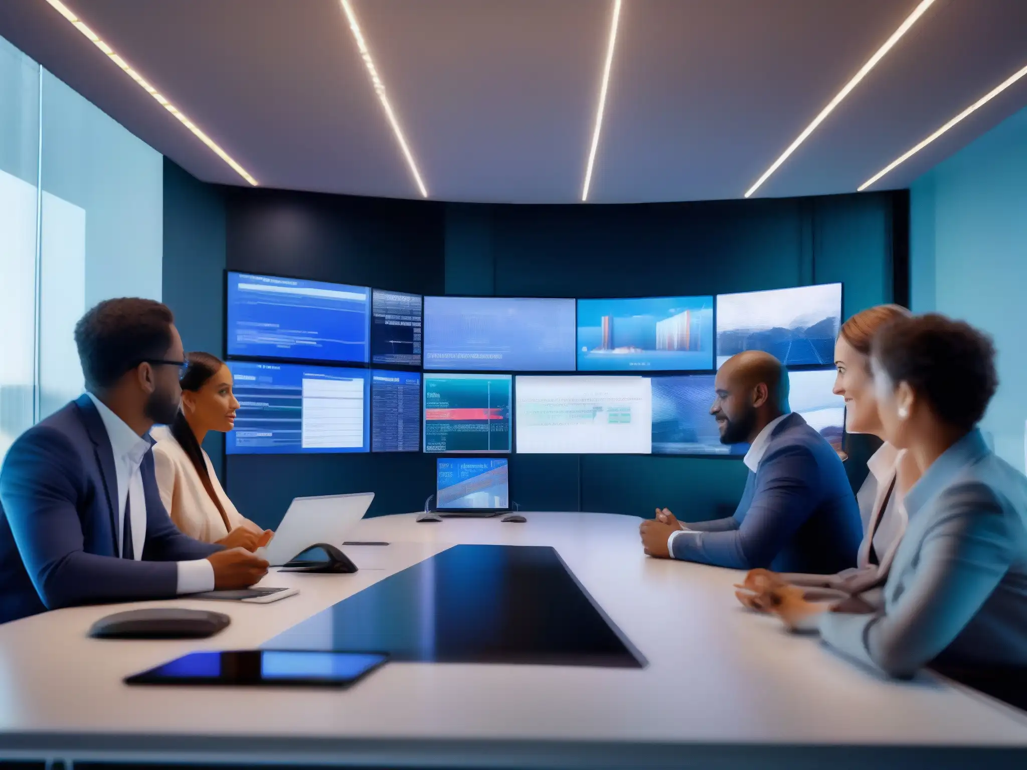 Videoconferencia 5G: Colaboración profesional y tecnología futurista Profesionales en videoconferencia con herramientas de comparativa, colaborando frente a pantallas detalladas, con torres 5G futuristas al fondo