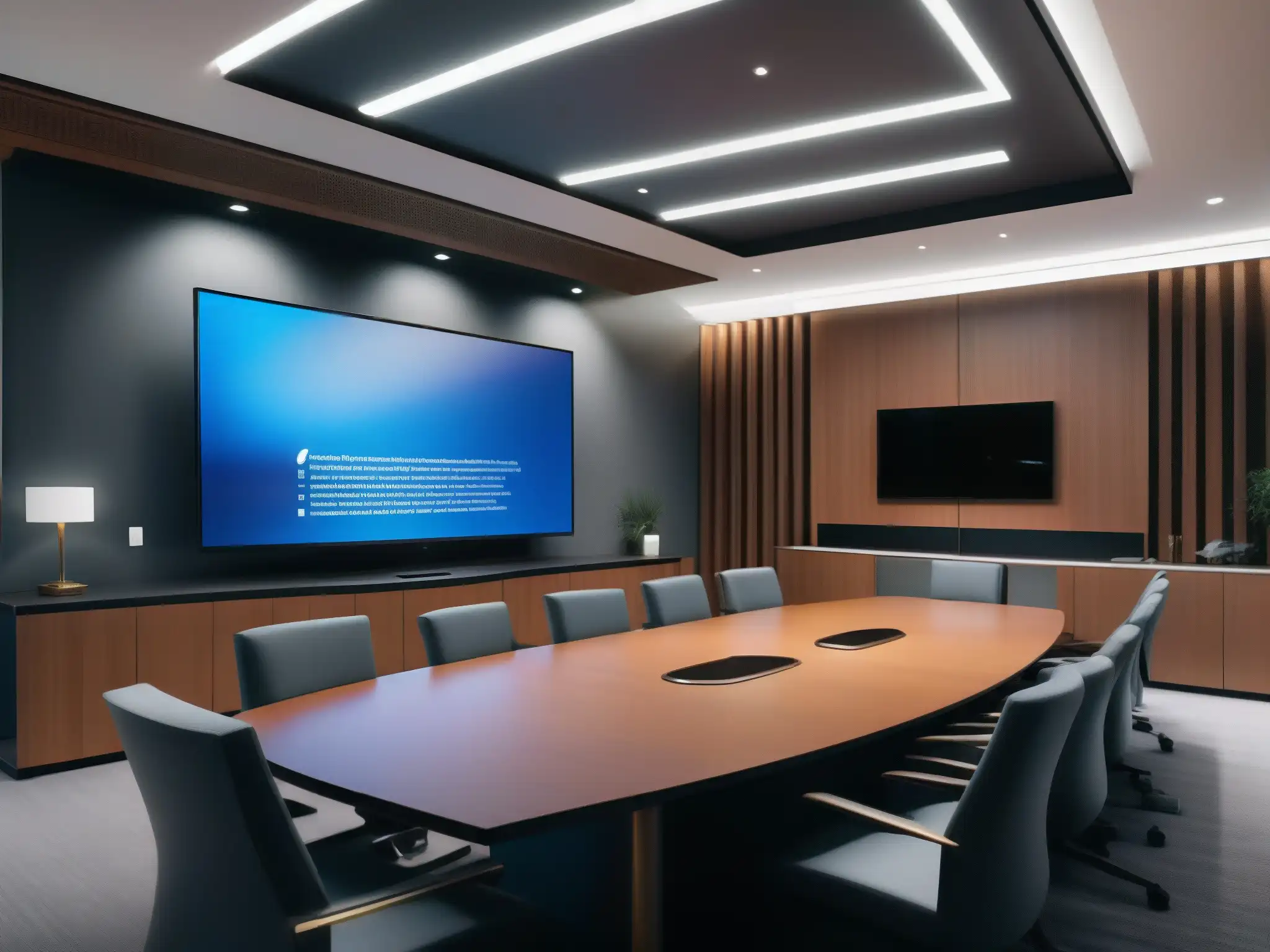 Sala de conferencias corporativa 8k con tecnología de vanguardia Profesionales en videoconferencia con herramientas de comparativa profesionales en un elegante entorno de sala de juntas ultradetallada