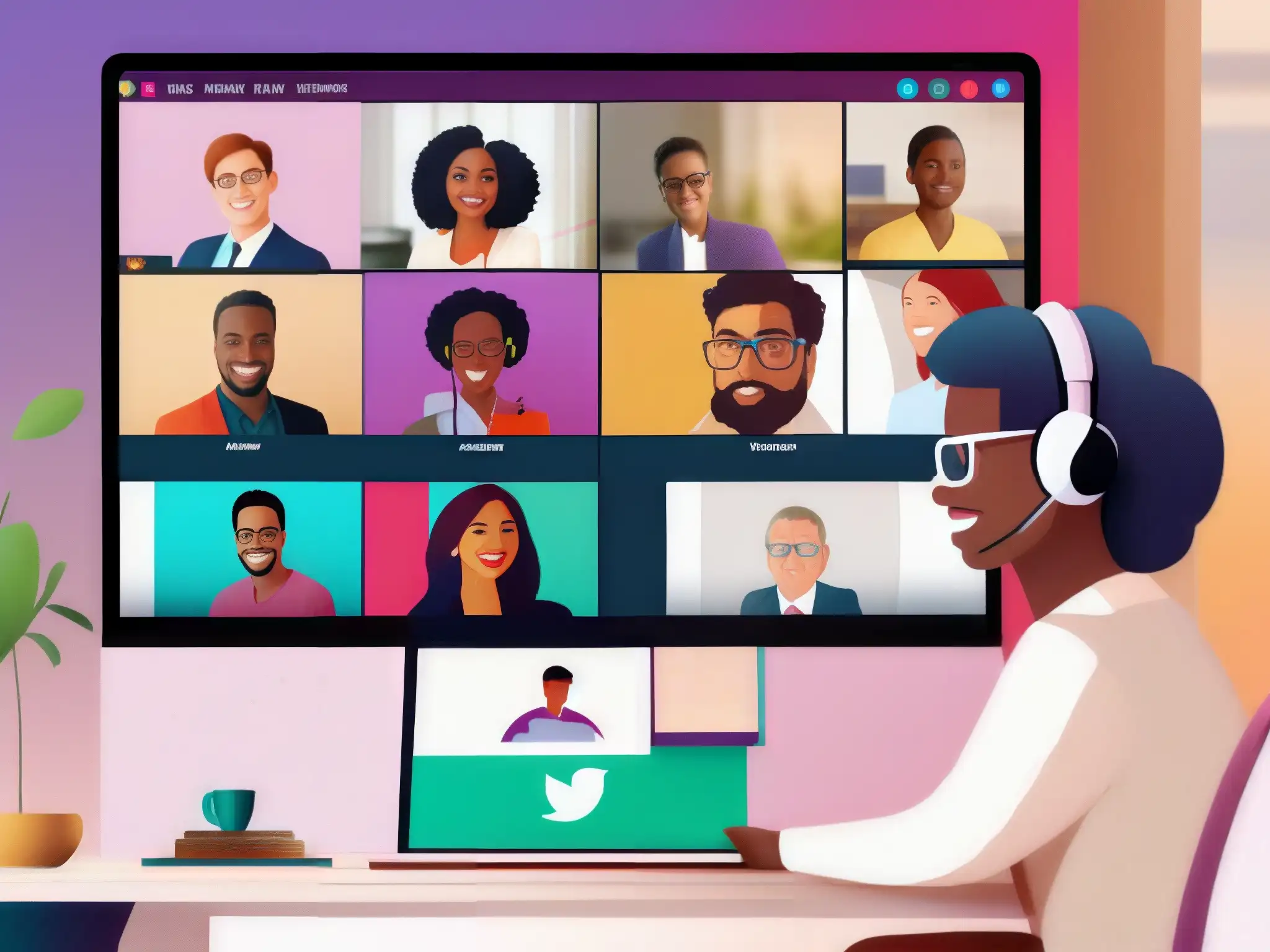 Equipo diverso colaborando en videoconferencia en Slack Profesionales colaborando en videoconferencia con herramientas de Slack para equipos ágiles
