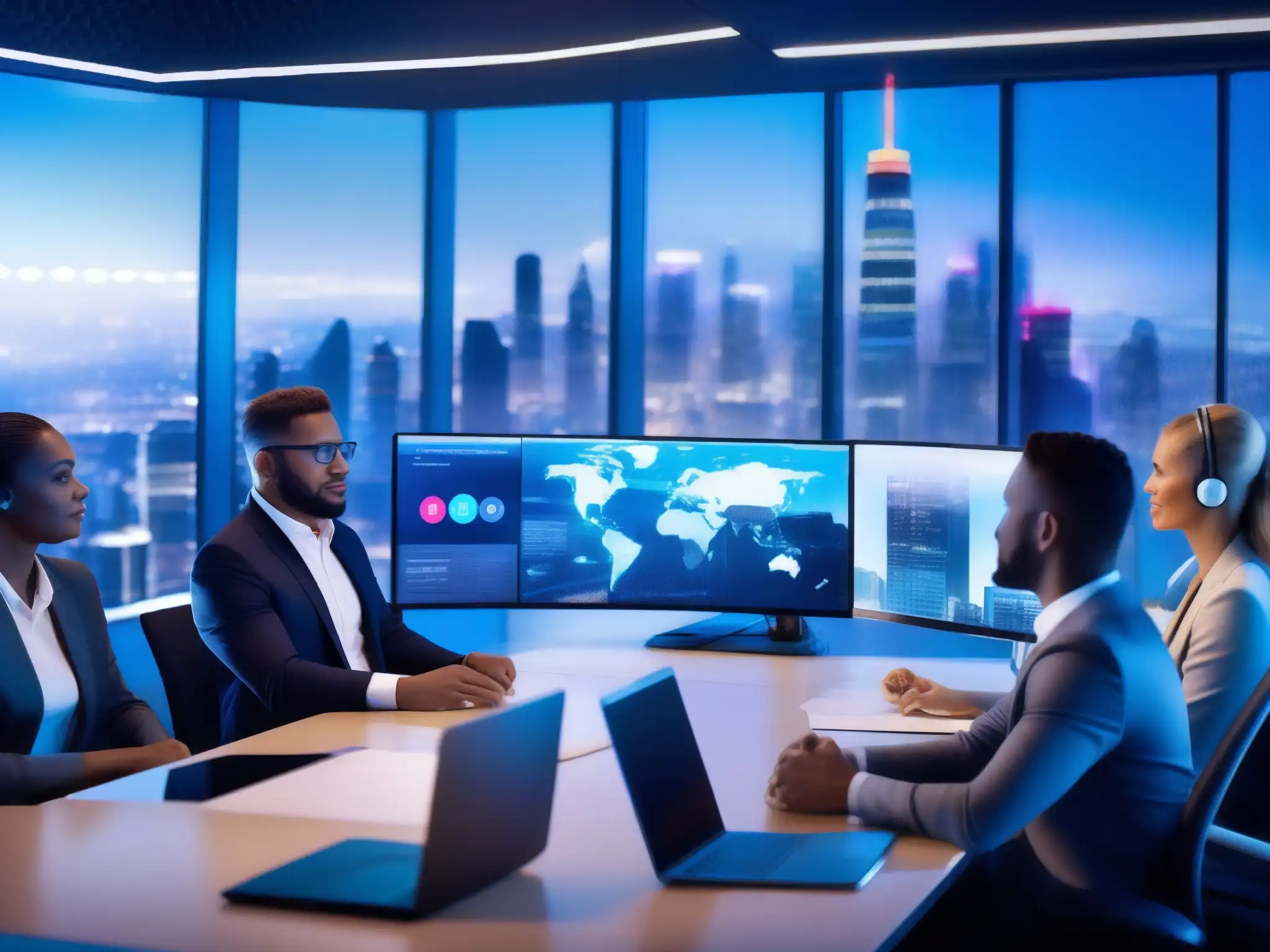 Conferencia virtual: conectividad ultra rápida para empresas exitosas Profesionales en videoconferencia con herramientas internet ultrarrápido, conectados y productivos en ambiente tecnológico futurista