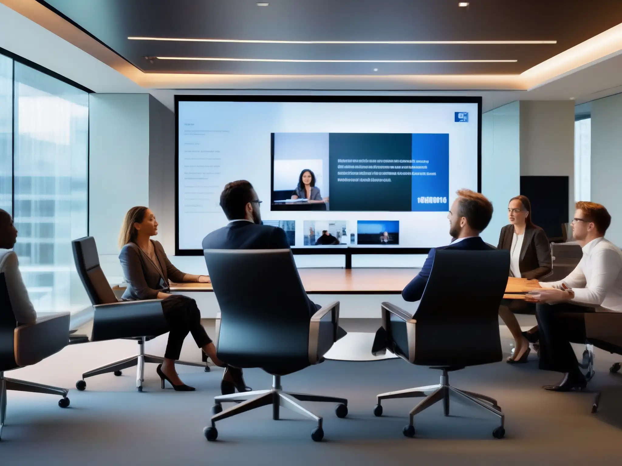 Profesionales colaborando en videoconferencia Profesionales en videoconferencia con herramientas de mejor usabilidad, colaborando en un espacio moderno y luminoso