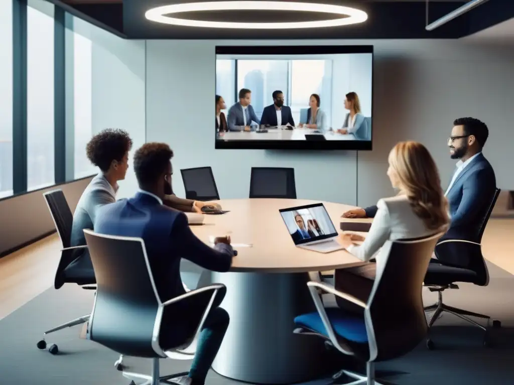 Reunión de videoconferencia profesional con herramientas modernas Profesionales en videoconferencia, colaborando con herramientas modernas en un ambiente dinámico y profesional