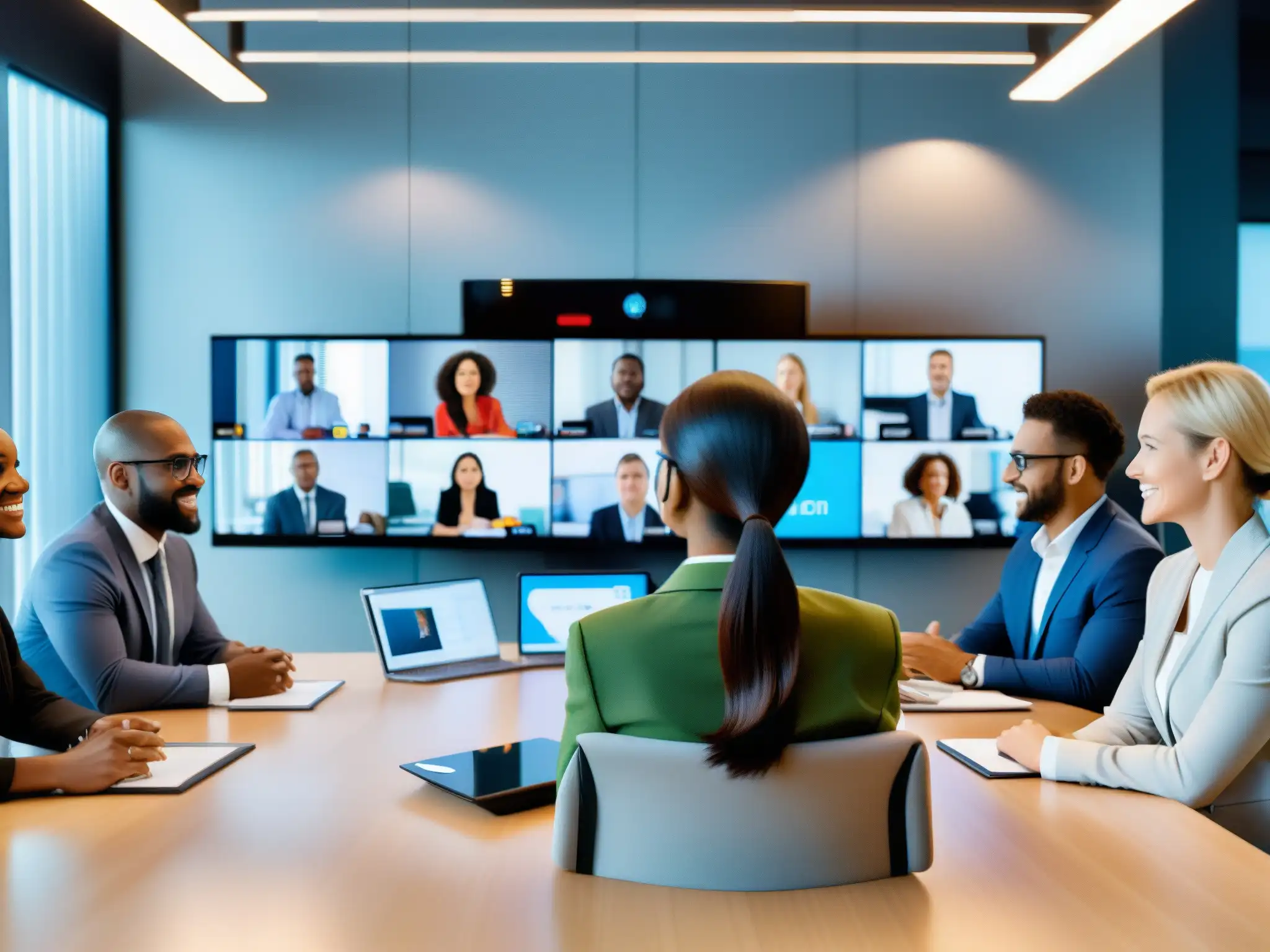 Reunión virtual profesional: colaboración eficiente Profesionales colaboran en videoconferencia con herramientas modernas, expresando eficiencia y productividad