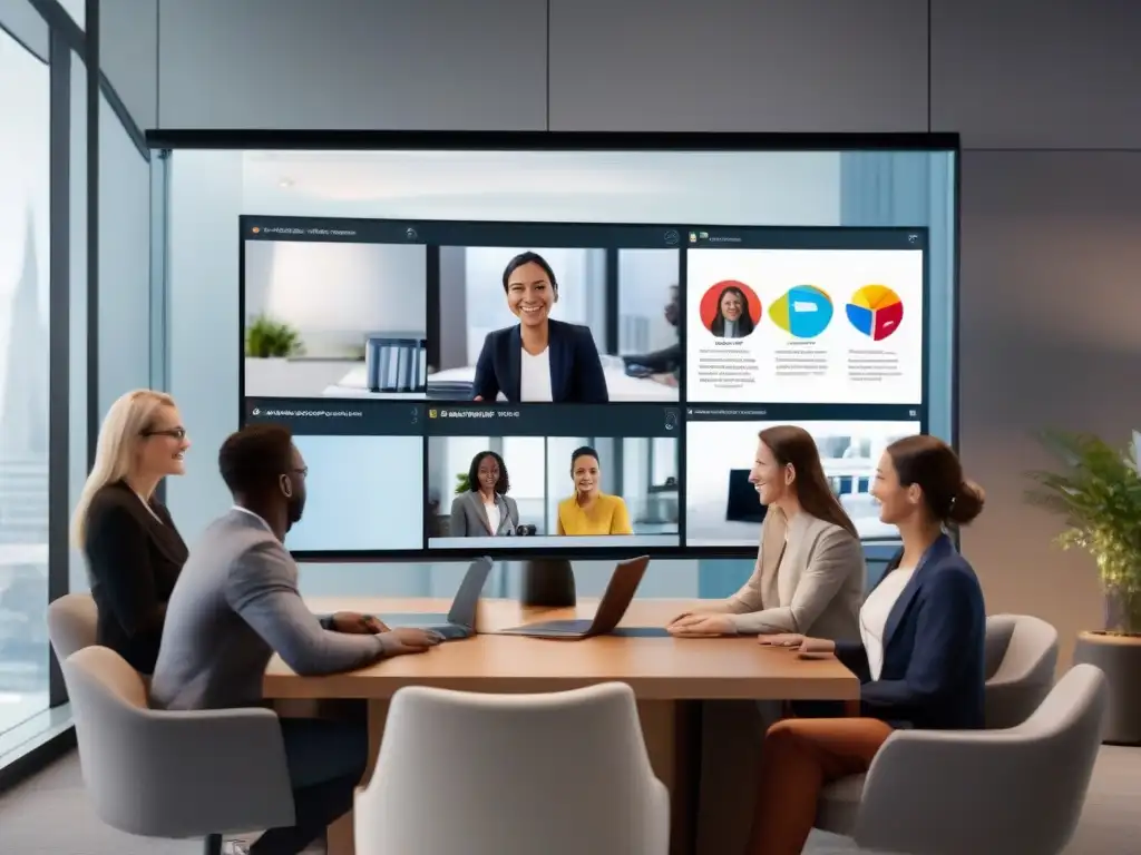 Profesionales en videoconferencia: Zoom vs Profesionales en videoconferencia usando herramientas de gestión para productividad en un entorno profesional y dinámico de oficina