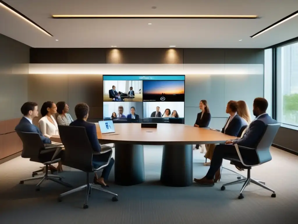 Reunión virtual de profesionales en sala moderna Profesionales en videoconferencia, colaborando con herramientas de gestión de proyectos Asana, en una sala moderna y luminosa