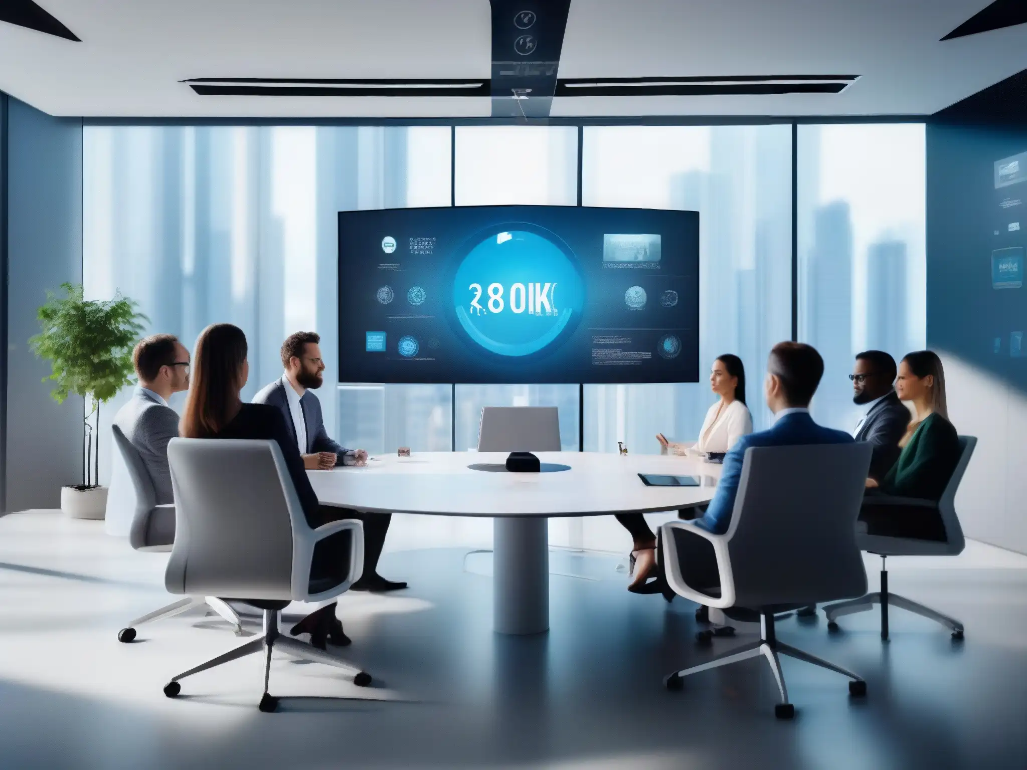 Videoconferencia profesional en sala moderna con realidad aumentada Profesionales en videoconferencia con herramientas de realidad aumentada en sala moderna y luminosa