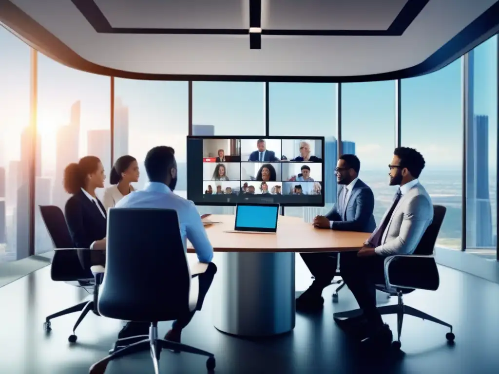 Reunión virtual de profesionales: eficiencia y colaboración Profesionales en videoconferencia, integración de herramientas y software de productividad en moderna oficina