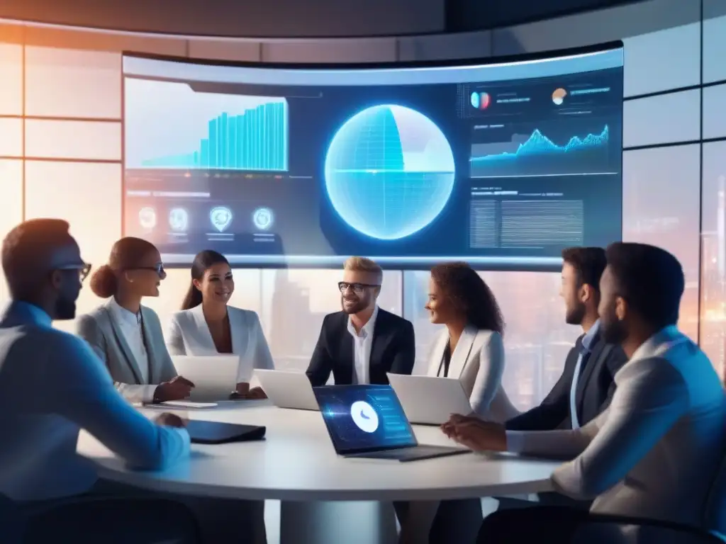 Reunión colaborativa con IA: innovación en videoconferencias Profesionales en videoconferencia con herramientas de trabajo colaborativo y AI virtual assistant en ambiente moderno y colaborativo