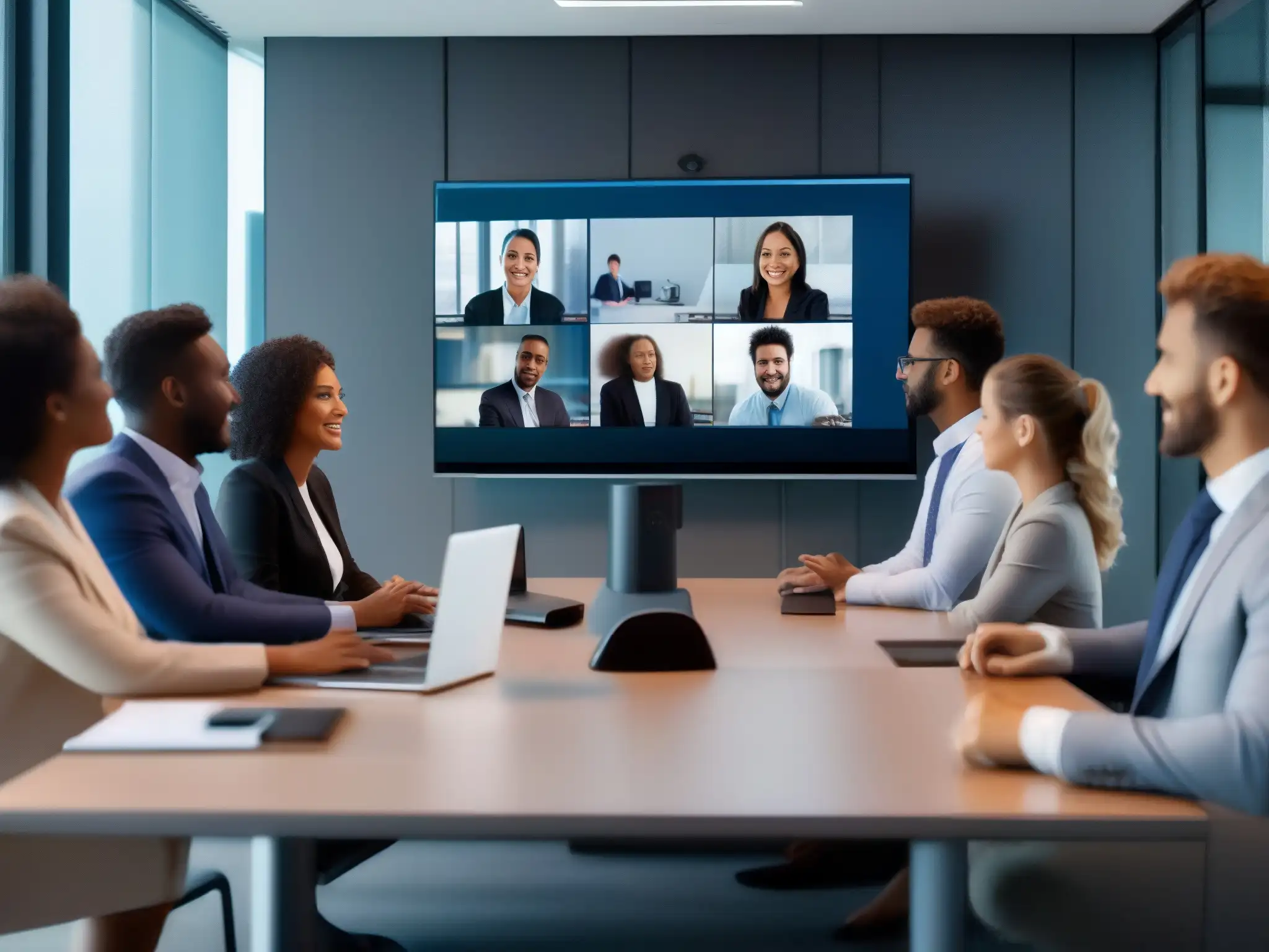 Videoconferencia profesional en 8K: 5G potencia la excelencia Profesionales en videoconferencia con herramientas videoconferencia profesionales comparativa en oficina moderna y conexión 5G de alta calidad
