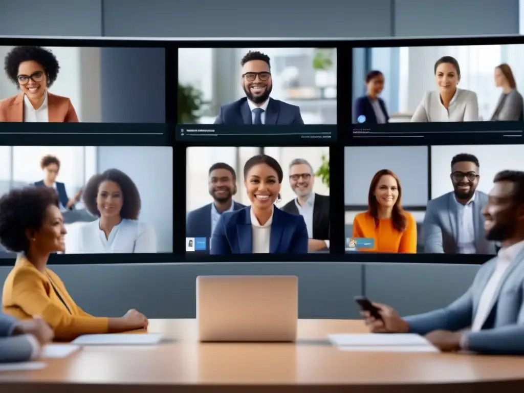 Profesionales colaborando con entusiasmo en videoconferencia Profesionales diversos participan en una videoconferencia, mostrando herramientas de moderación en videoconferencias mientras colaboran activamente