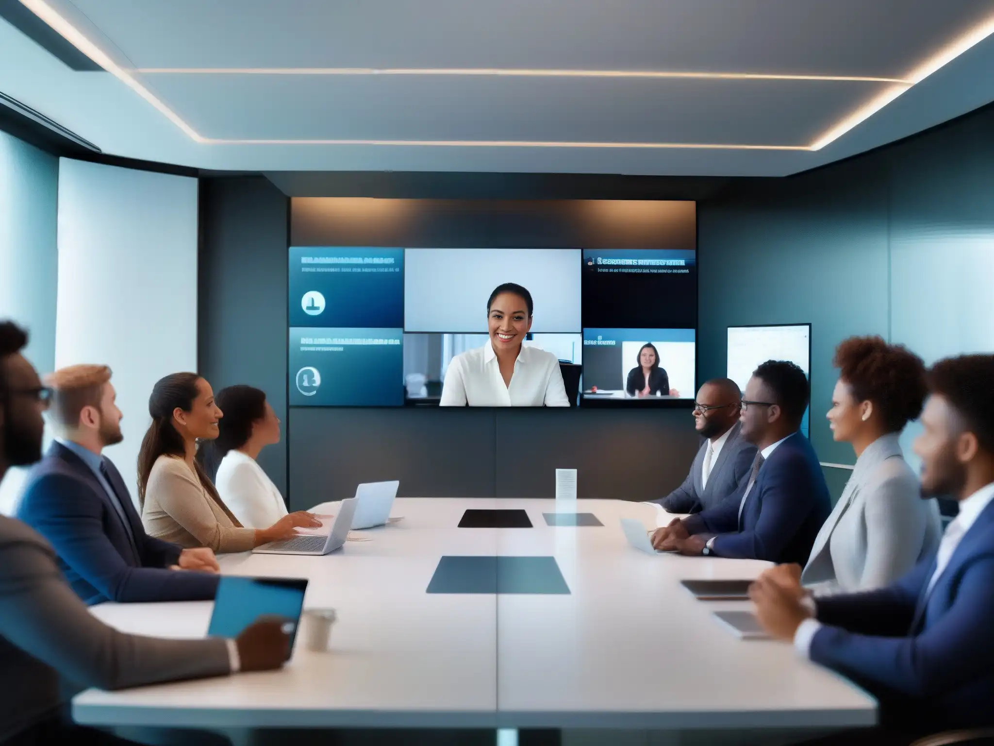 Videoconferencia profesional con moderador digital Profesionales participan en una videoconferencia, usando herramientas de moderación en videoconferencias