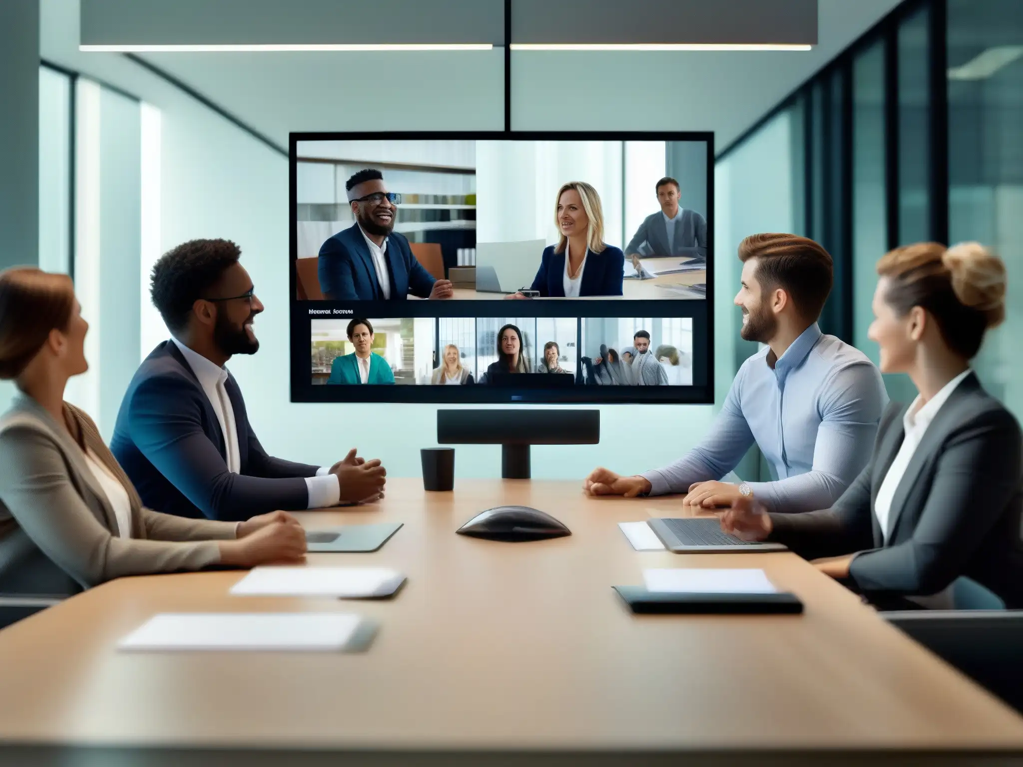 Reunión de trabajo eficiente con Highfive en ambiente tech Profesionales colaborando en una videoconferencia con Highfive en una oficina moderna, reflejando la eficiencia de las herramientas de videoconferencia para PYMES en un entorno tecnológico