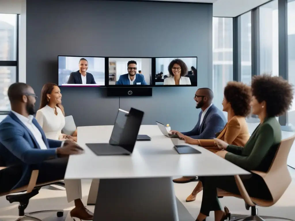 Revolucionando la colaboración empresarial con Highfive Profesionales en videoconferencia usando Highfive en una oficina moderna, reflejando herramientas de videoconferencia para PYMES
