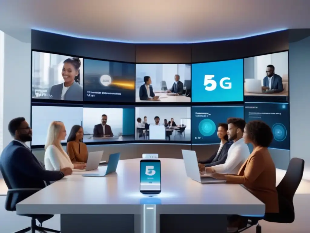 Conferencia 5G: Profesionales conectados en múltiples ubicaciones Profesionales en videoconferencia hiperconectada en IoT, uniendo espacios y tecnología 5G en entornos modernos y cálidos